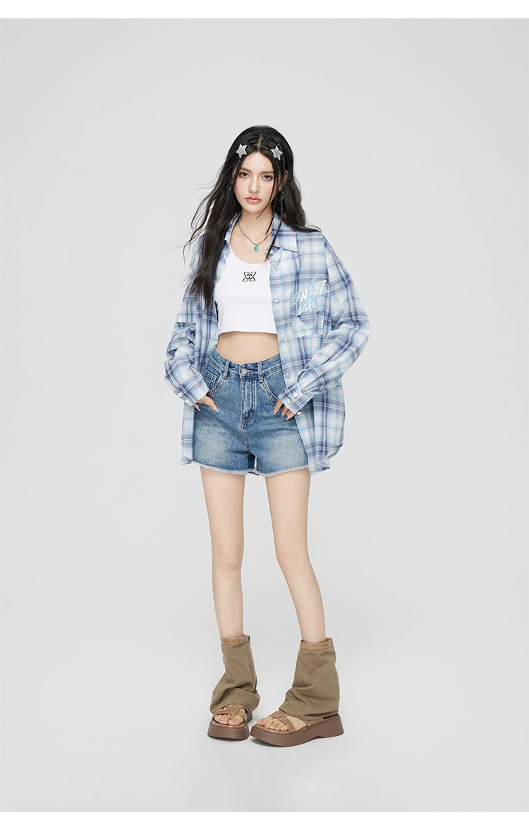 Blue Plaid Embroidered Sunscreen Shirt - CHINASQUAD