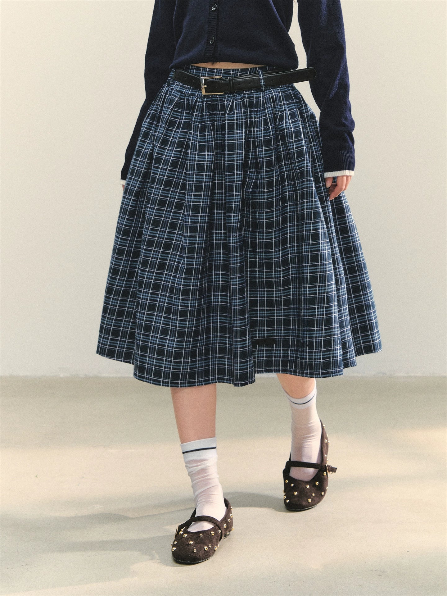 High-Waist Belted Plaid Umbrella Skirt