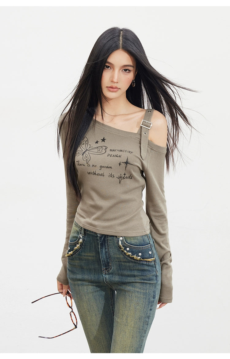 Butterfly Cold-Shoulder Long-Sleeve T-shirt - CHINASQUAD