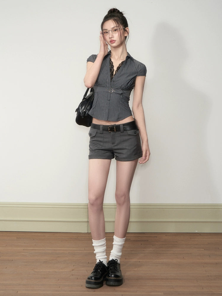 Grey Patch-Pocket Low Waist Suit Shorts - CHINASQUAD