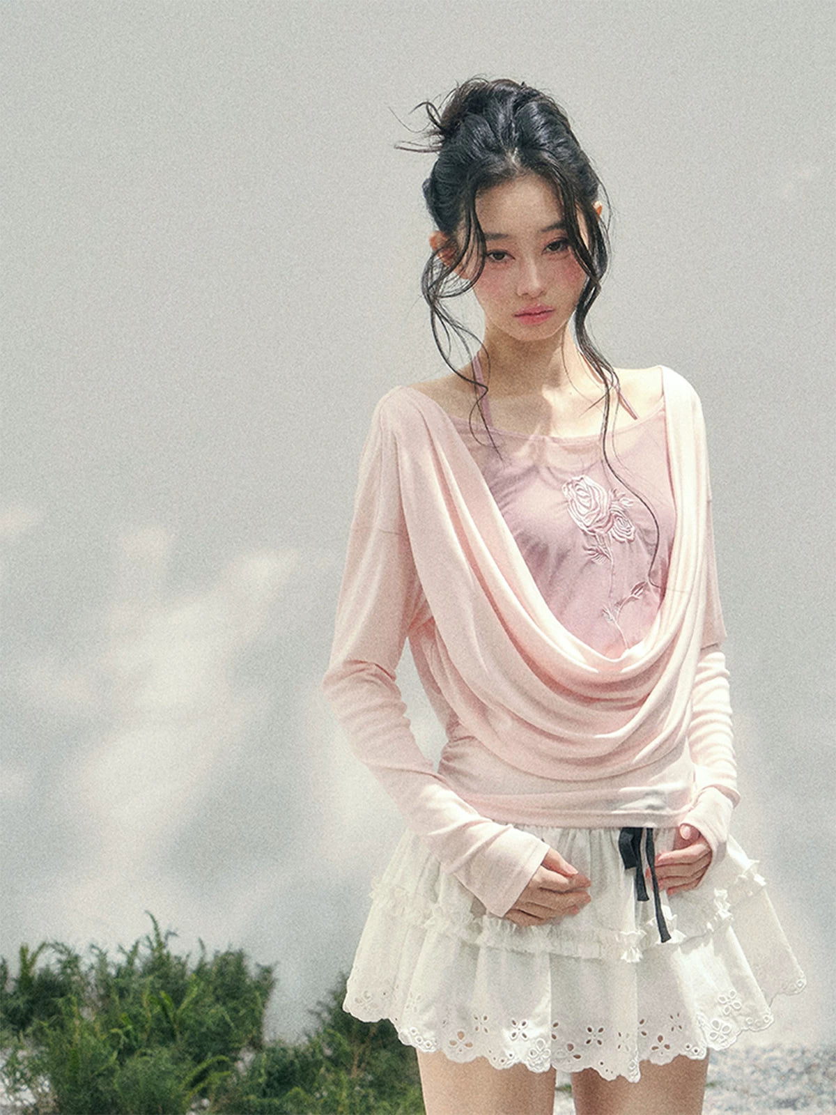 Rose Embroidery Draped Blouse Set