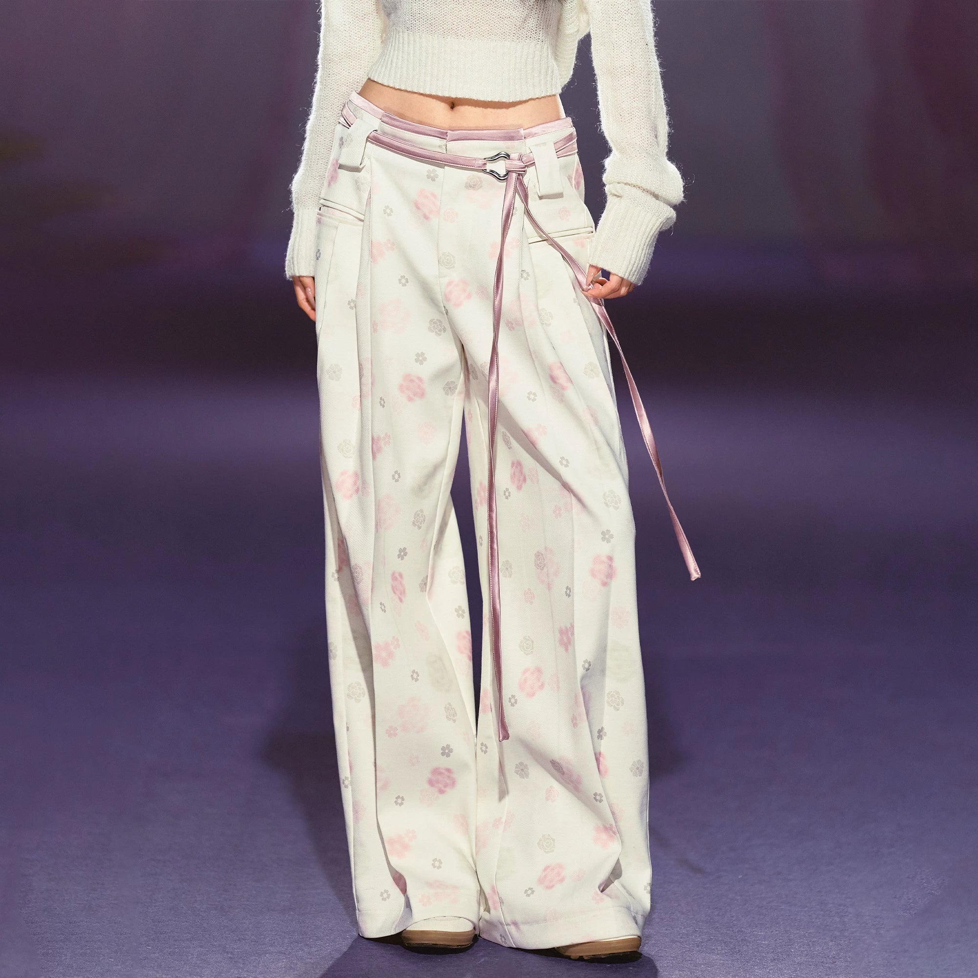 Floral Satin Wide-Leg Tailored Trousers