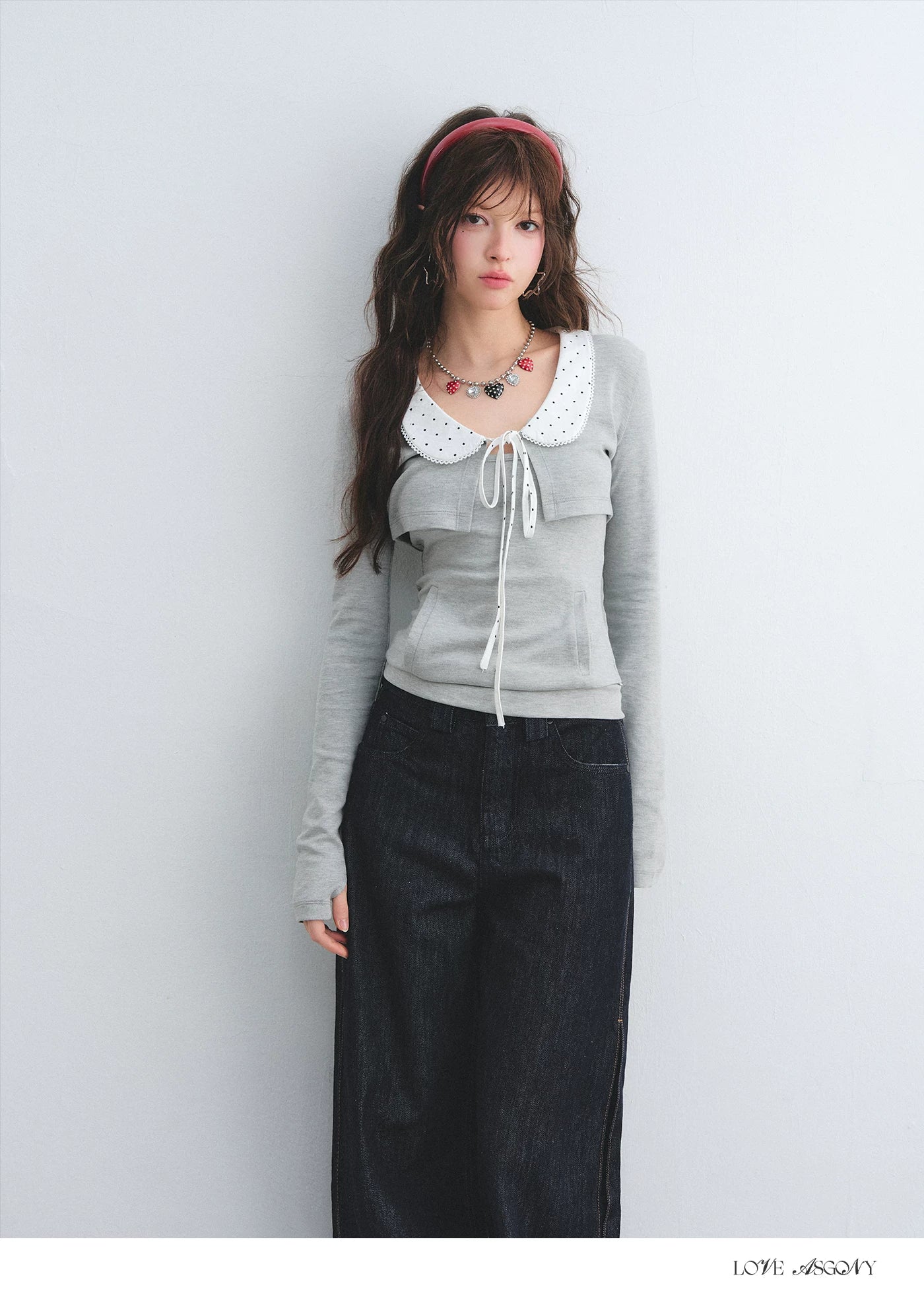 Polka Dot Lace Collar Long Sleeve Cardigan & Cami Two-Piece Set