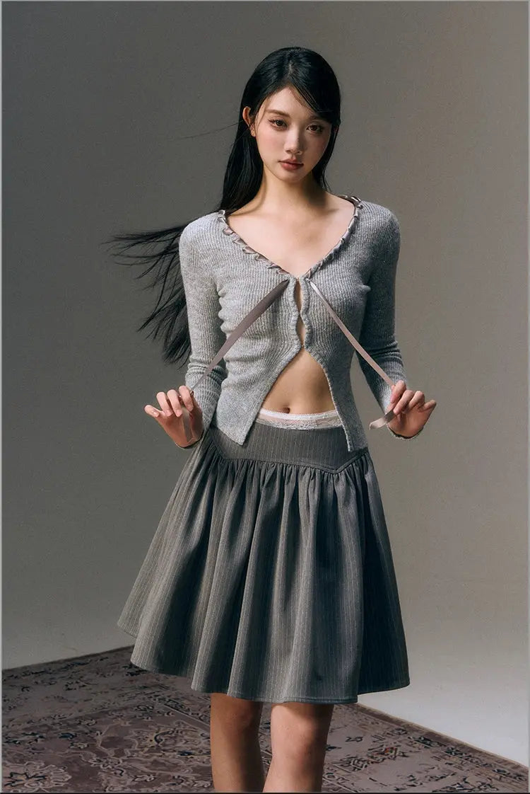 Black & Gray Ribbon Front Shimmer Wool V-neck Cardigan - CHINASQUAD