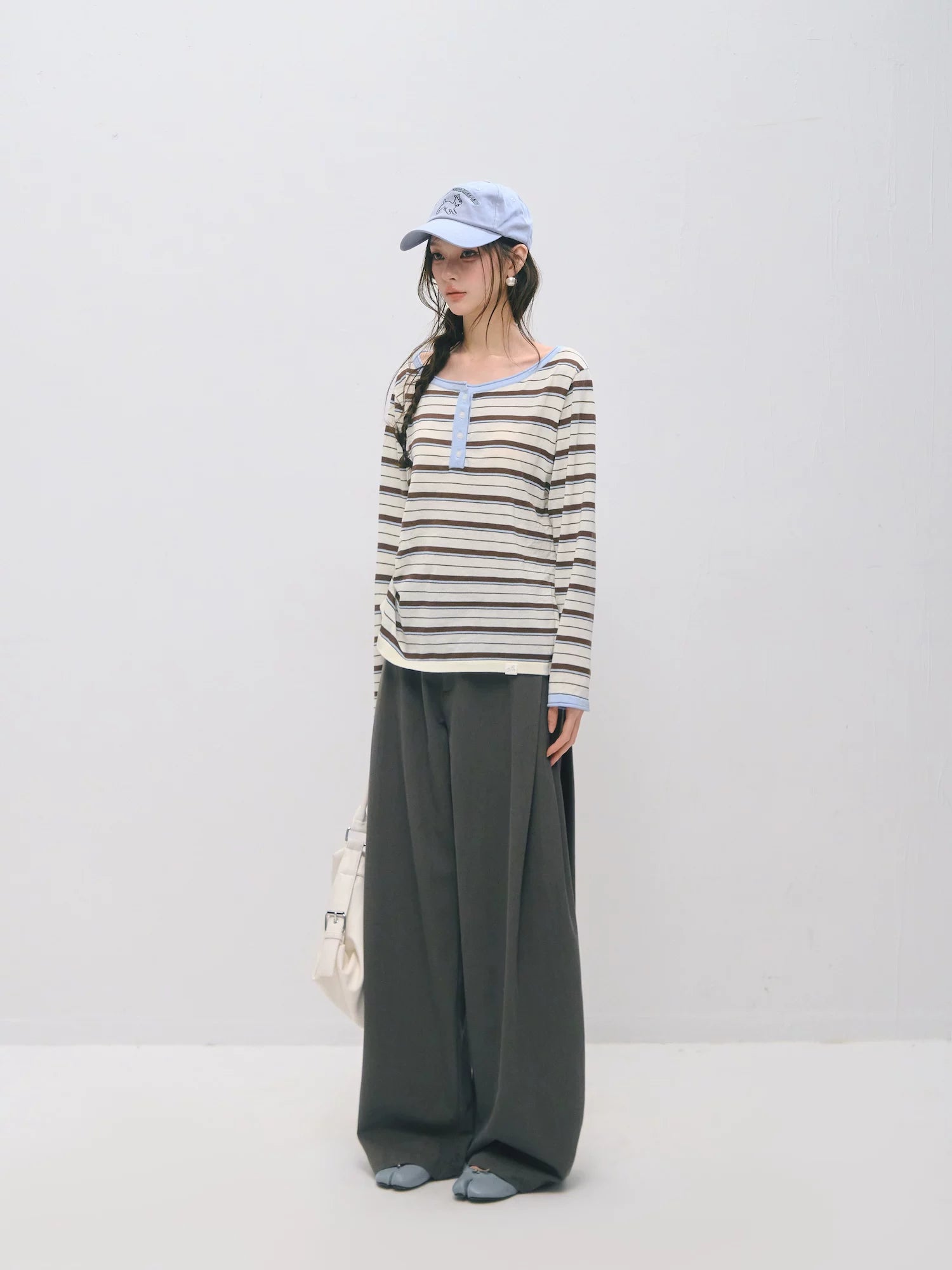 Relaxed Striped Henley Long Sleeve Top