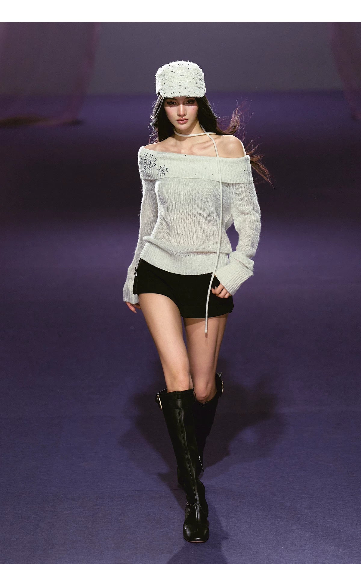 Snowflake Rhinestone Off-Shoulder Knit Sweater