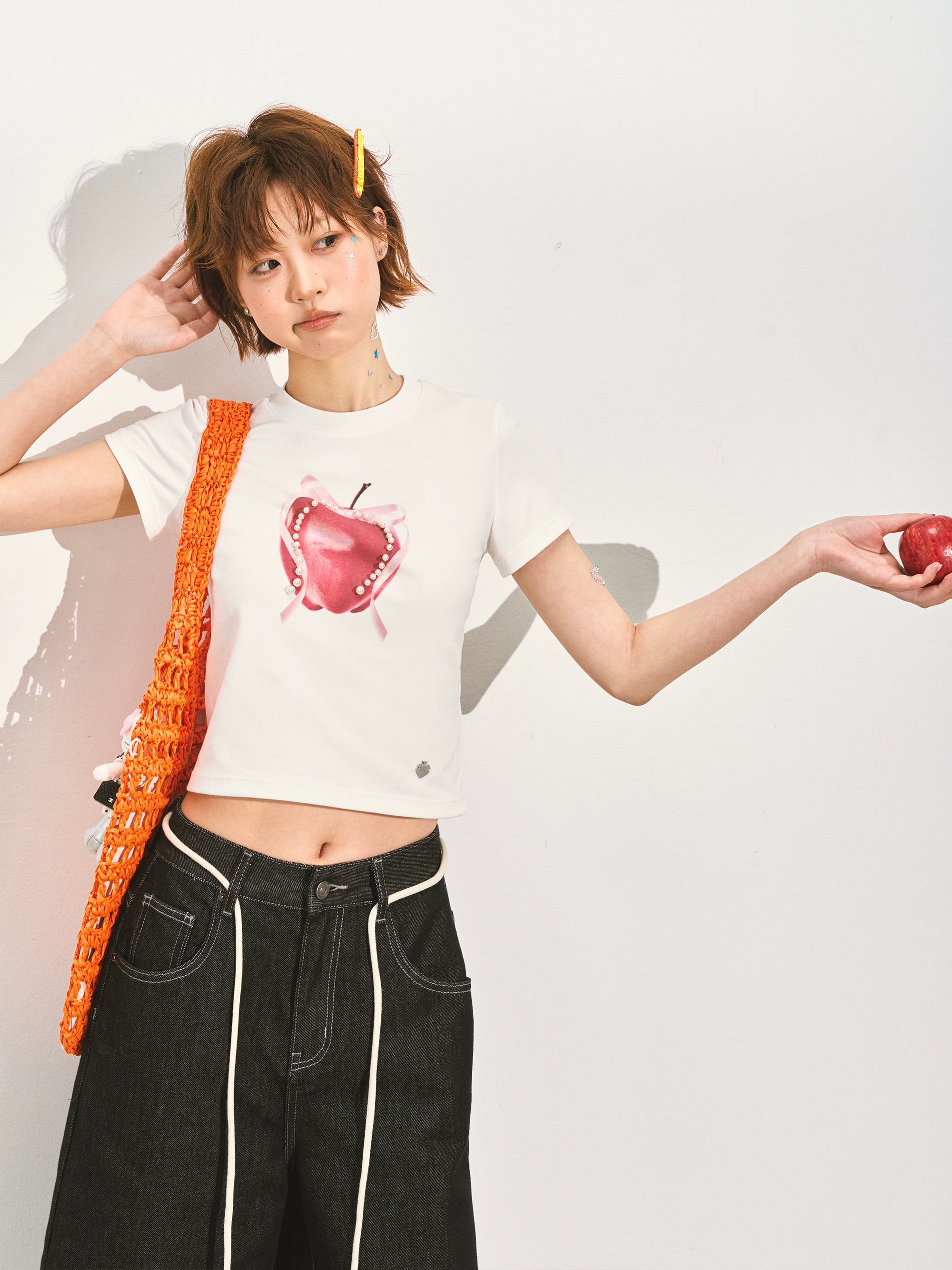 Pearl Bow Fruity Slim-fit Short Sleeve T-shirt - CHINASQUAD