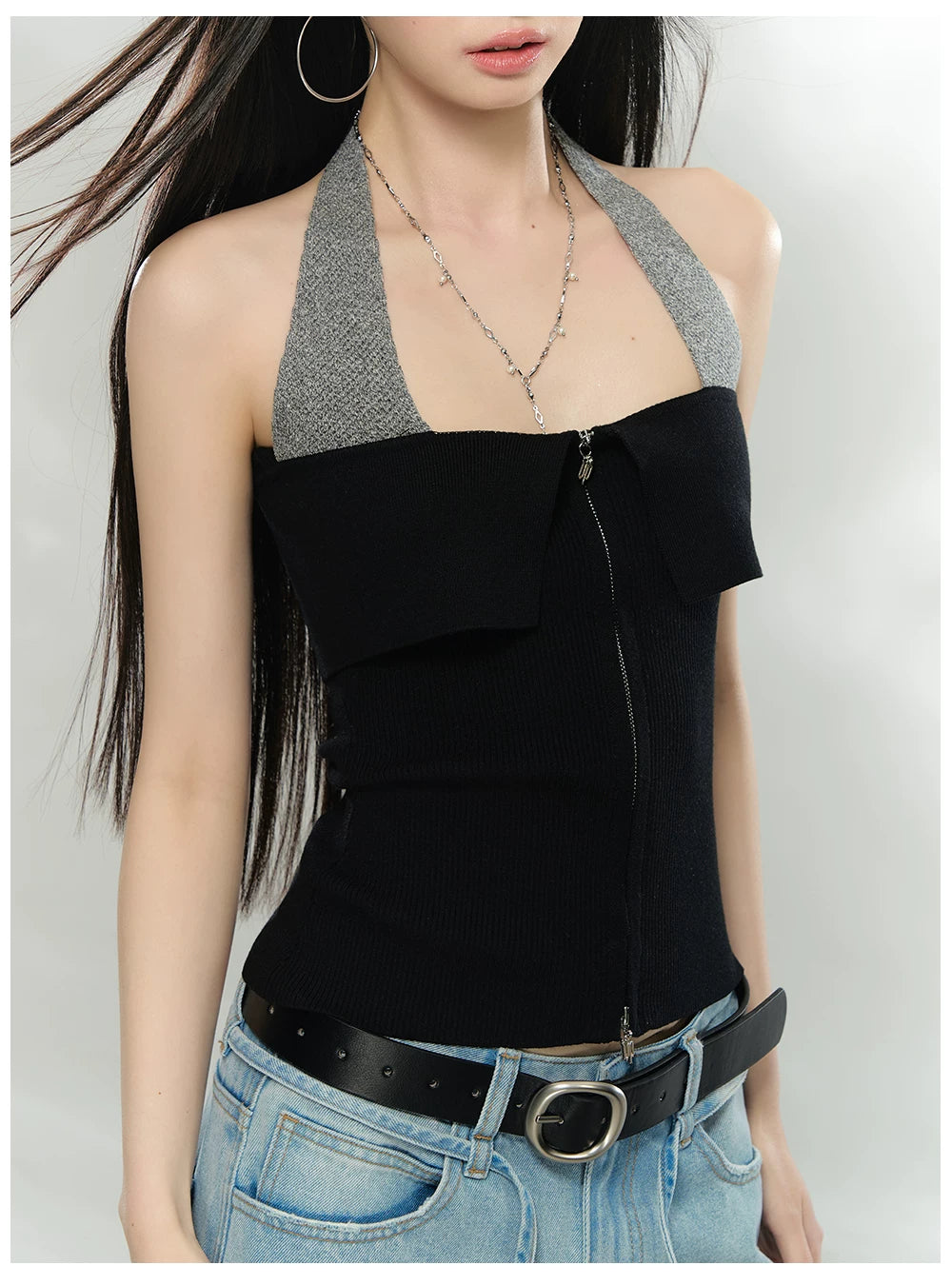 Contrast Halter Zip-Up Knit Tank Top