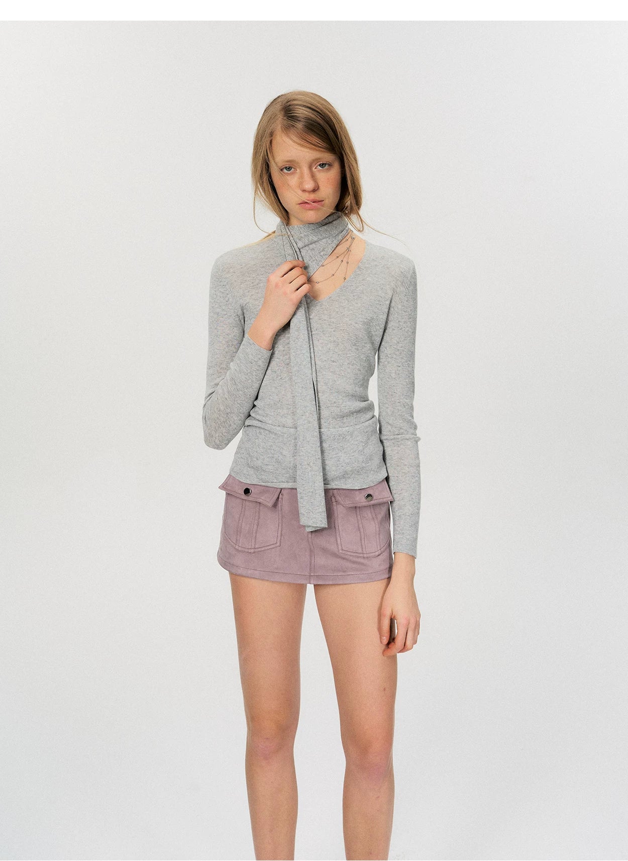 Fine Wool Blend Scarf-Neck Slim Fit Knit Top