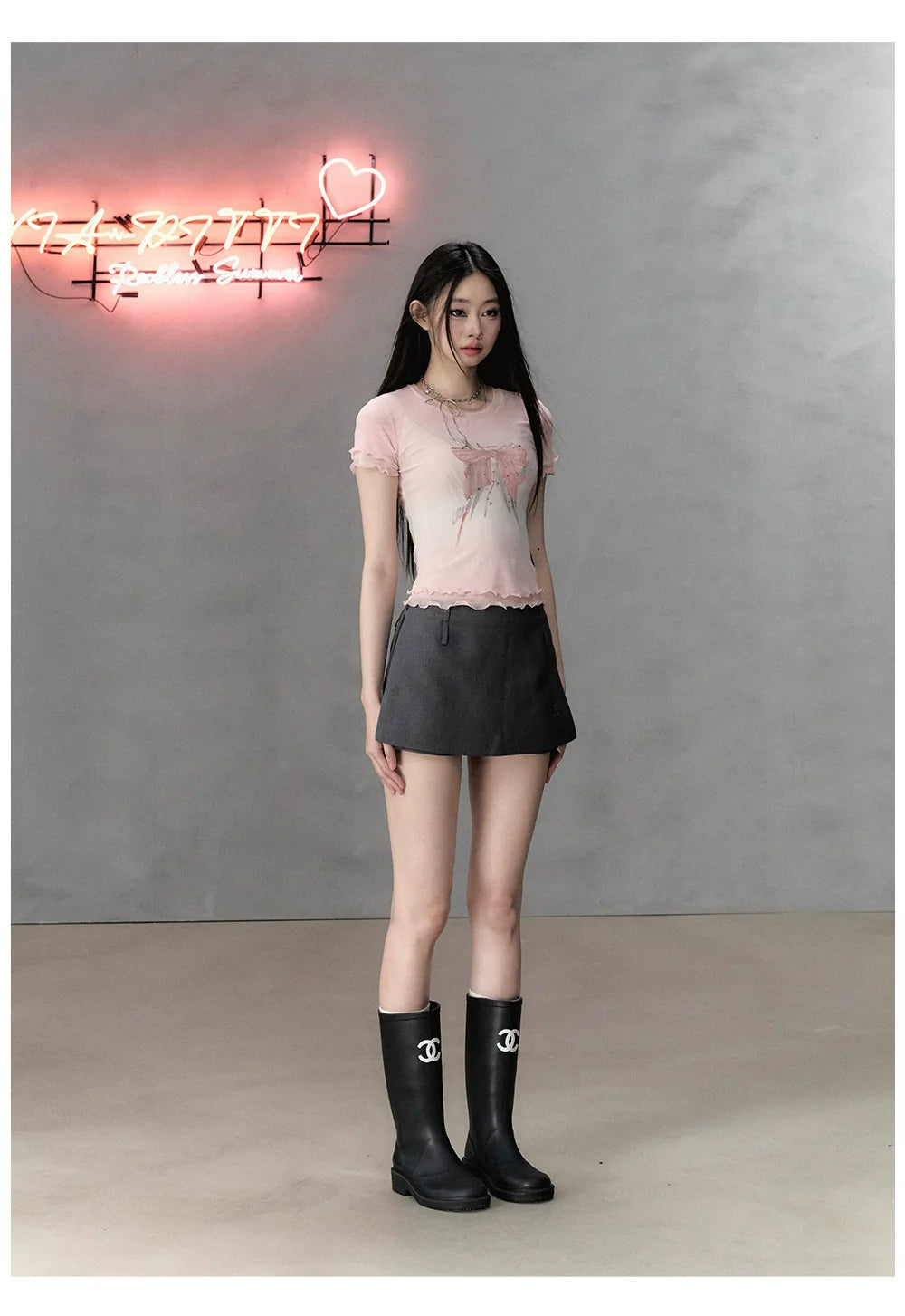 Pink & Black Bow Print Round Neck Short Sleeve - CHINASQUAD