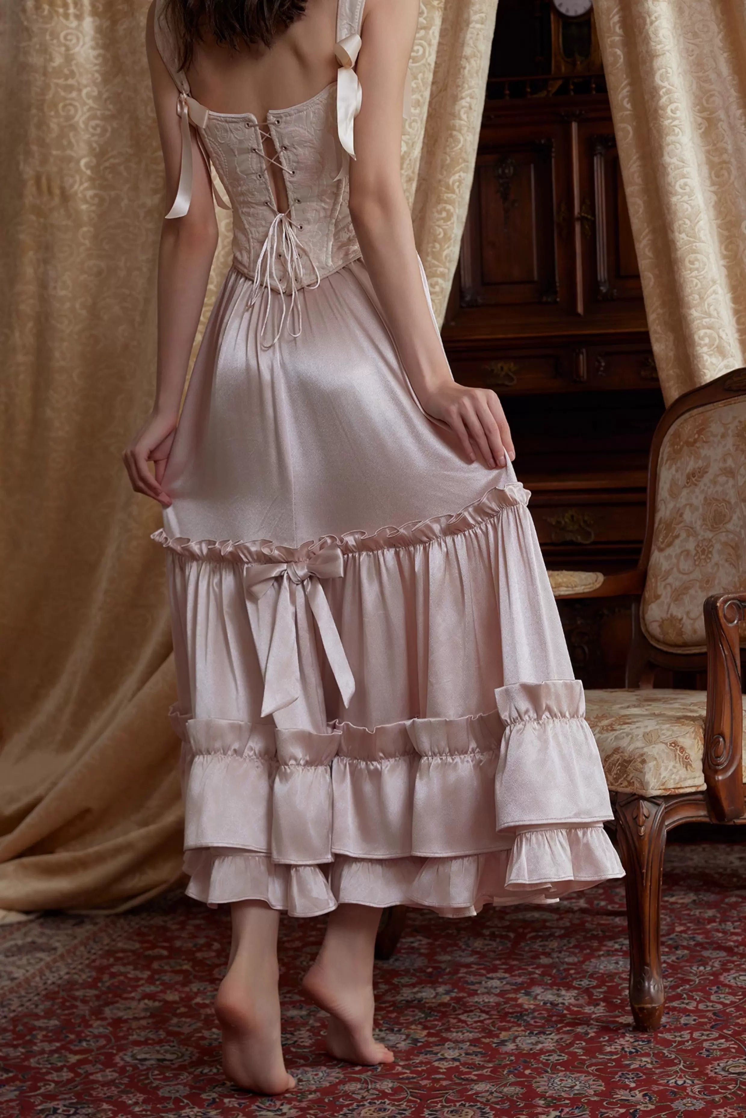 Jacquard Corset Top & Satin Ruffle Skirt Set