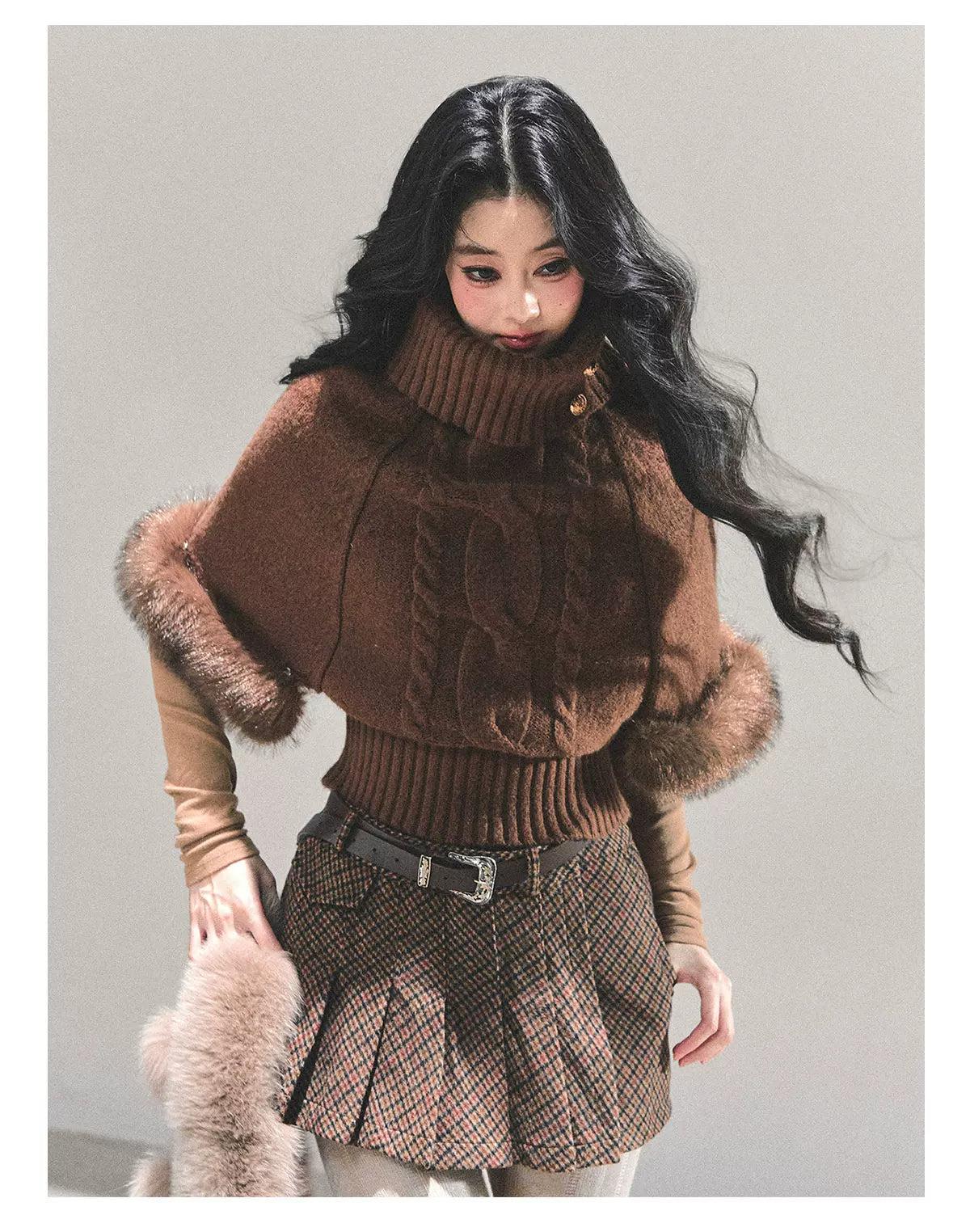 High-Neck Cable Knit Sweater