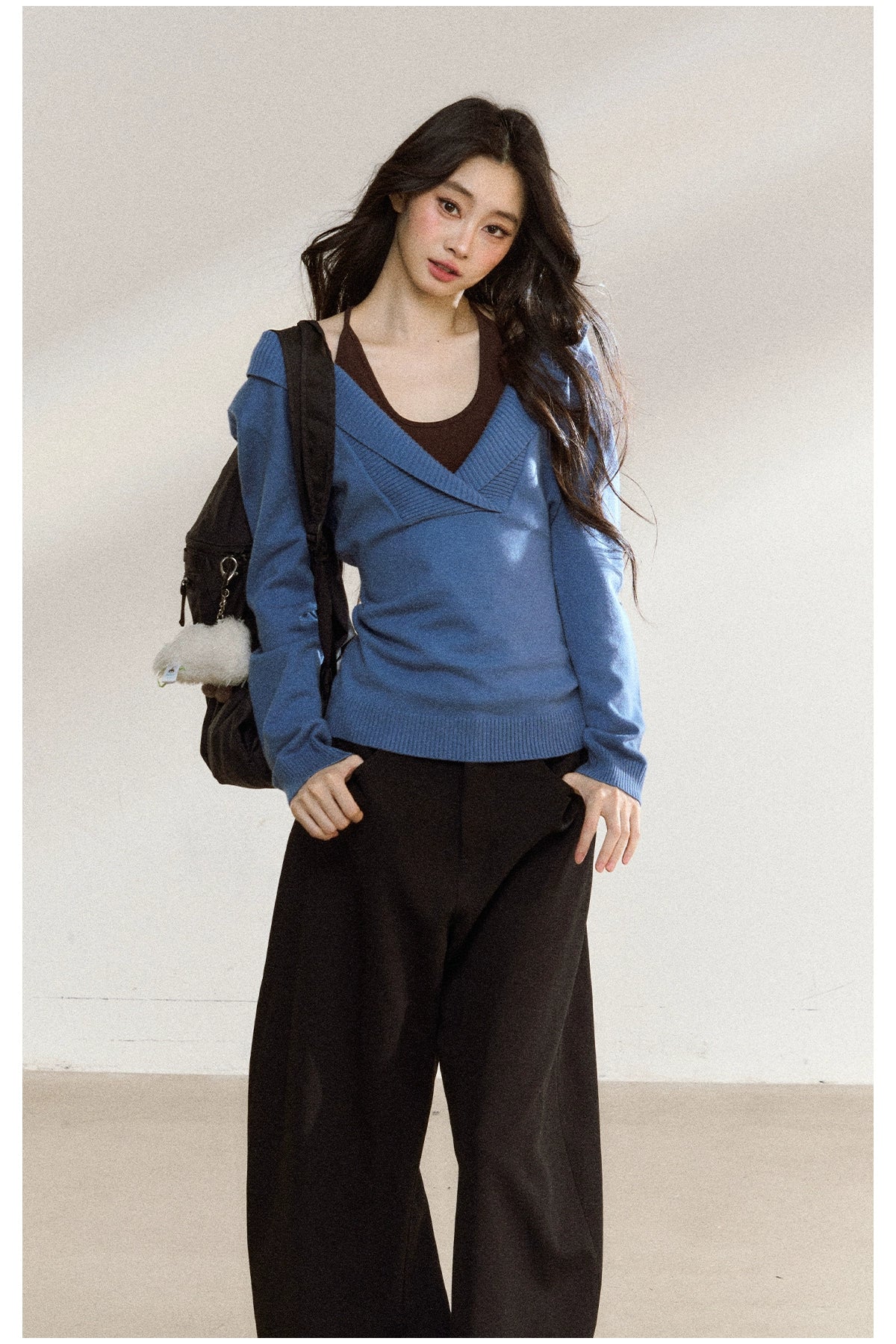 Blue Off-Shoulder Knit Sweater Cardigan - CHINASQUAD