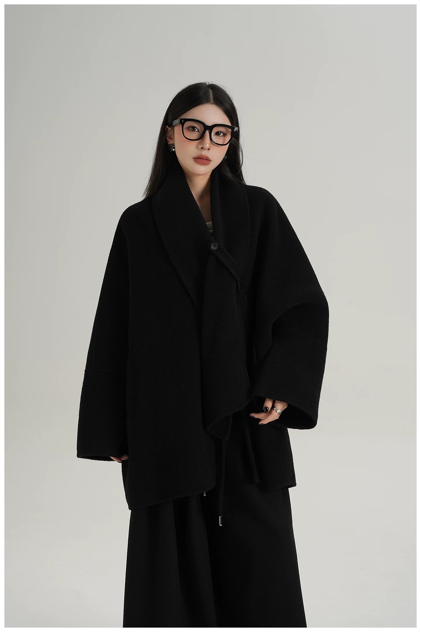 Scarf-Detail Mid-Length Wool Jacket