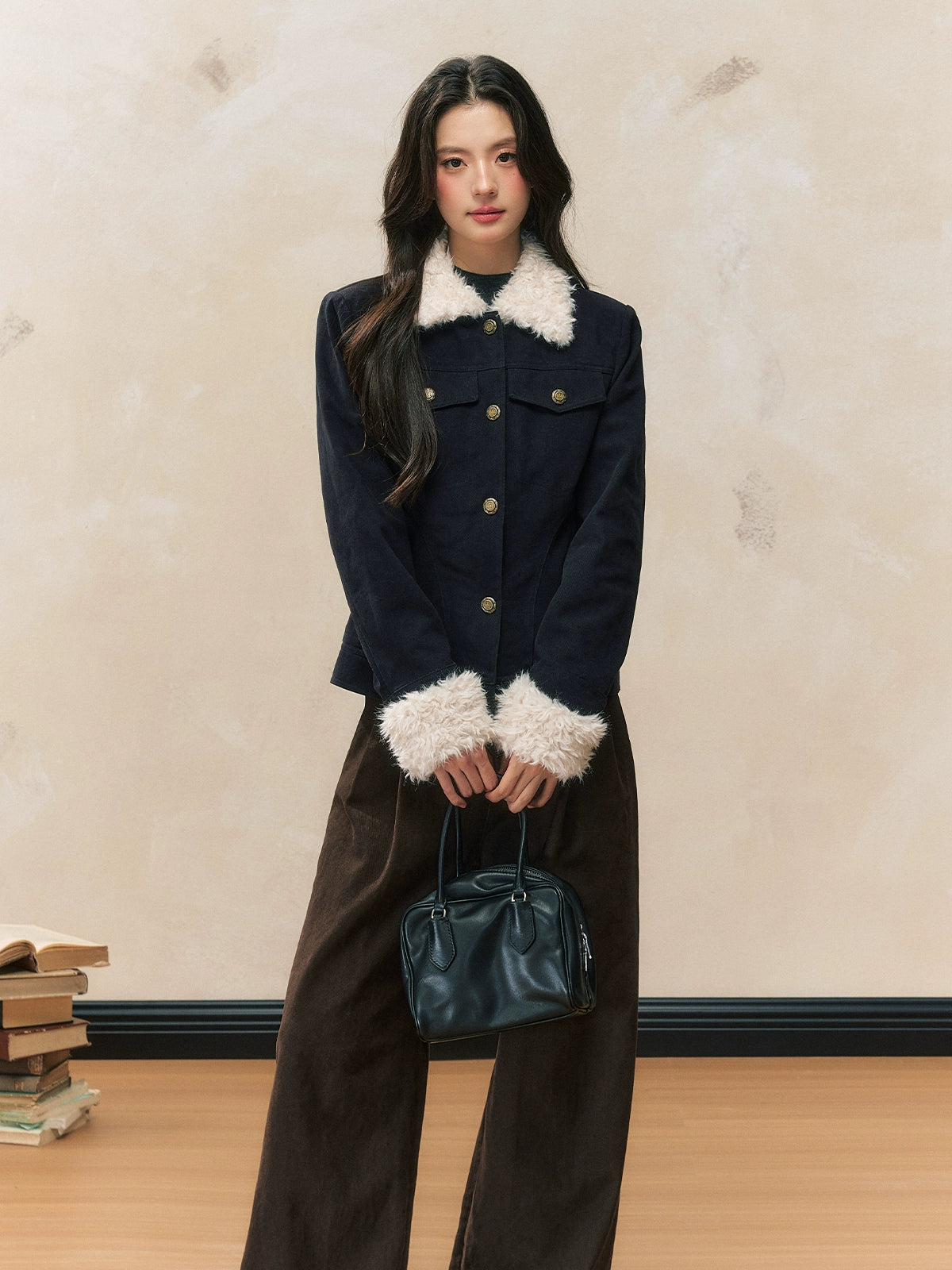 Navy Blue Fur-Collar Short Jacket - CHINASQUAD