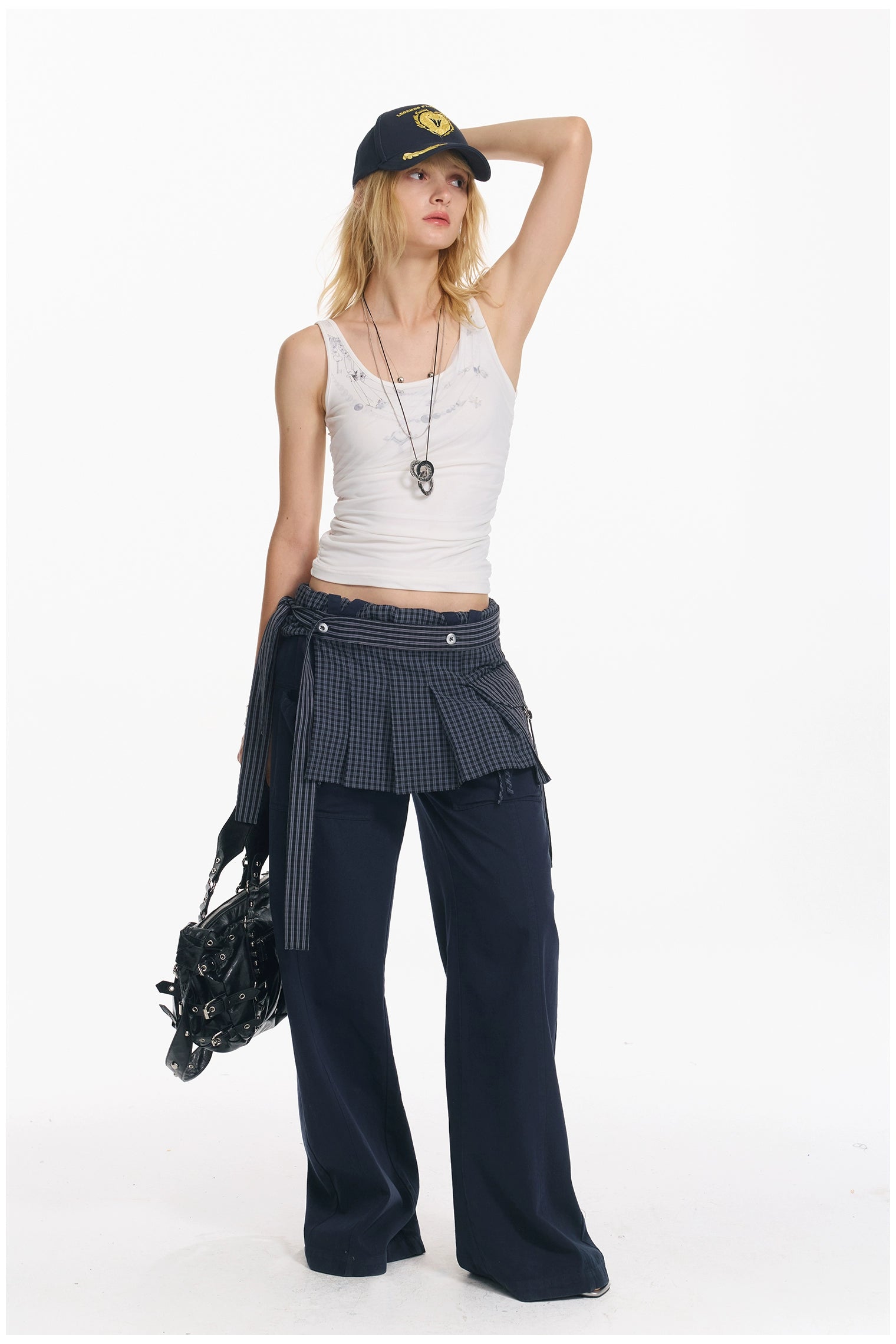 Plaid Overlay Tie Skirt