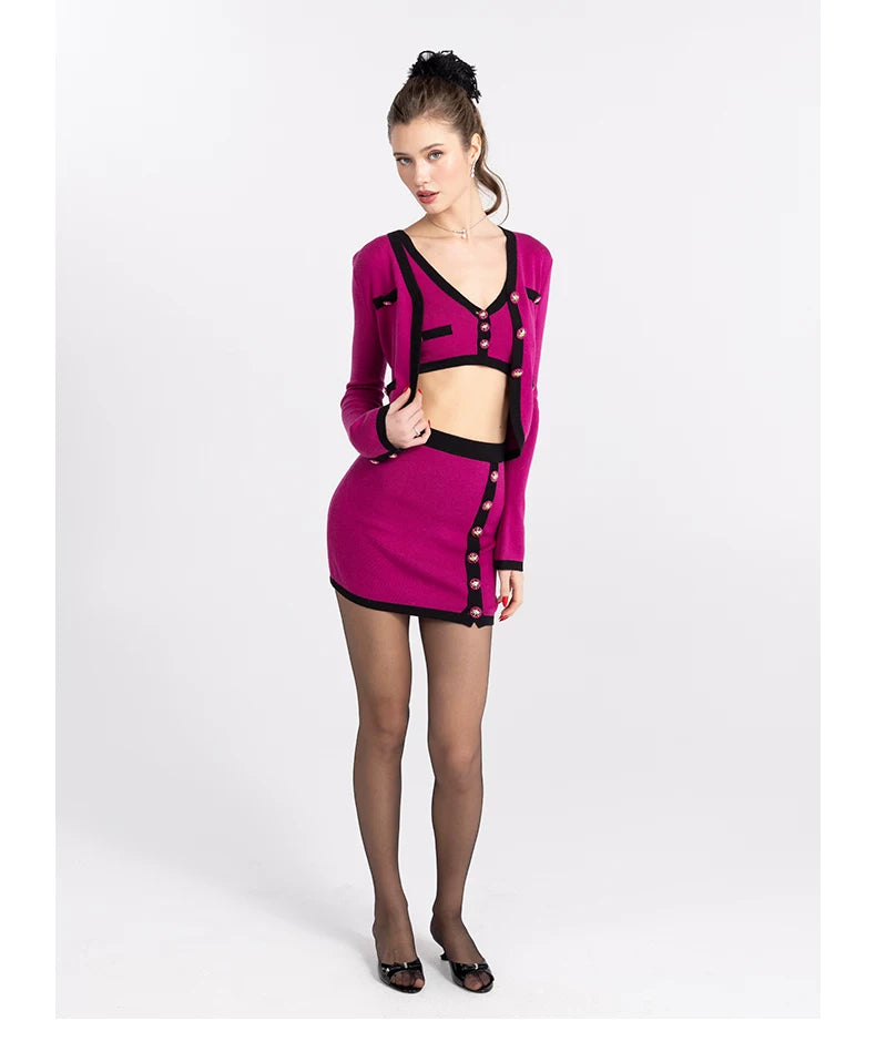 Vintage Contrast-Trim Knit Three-Piece Set