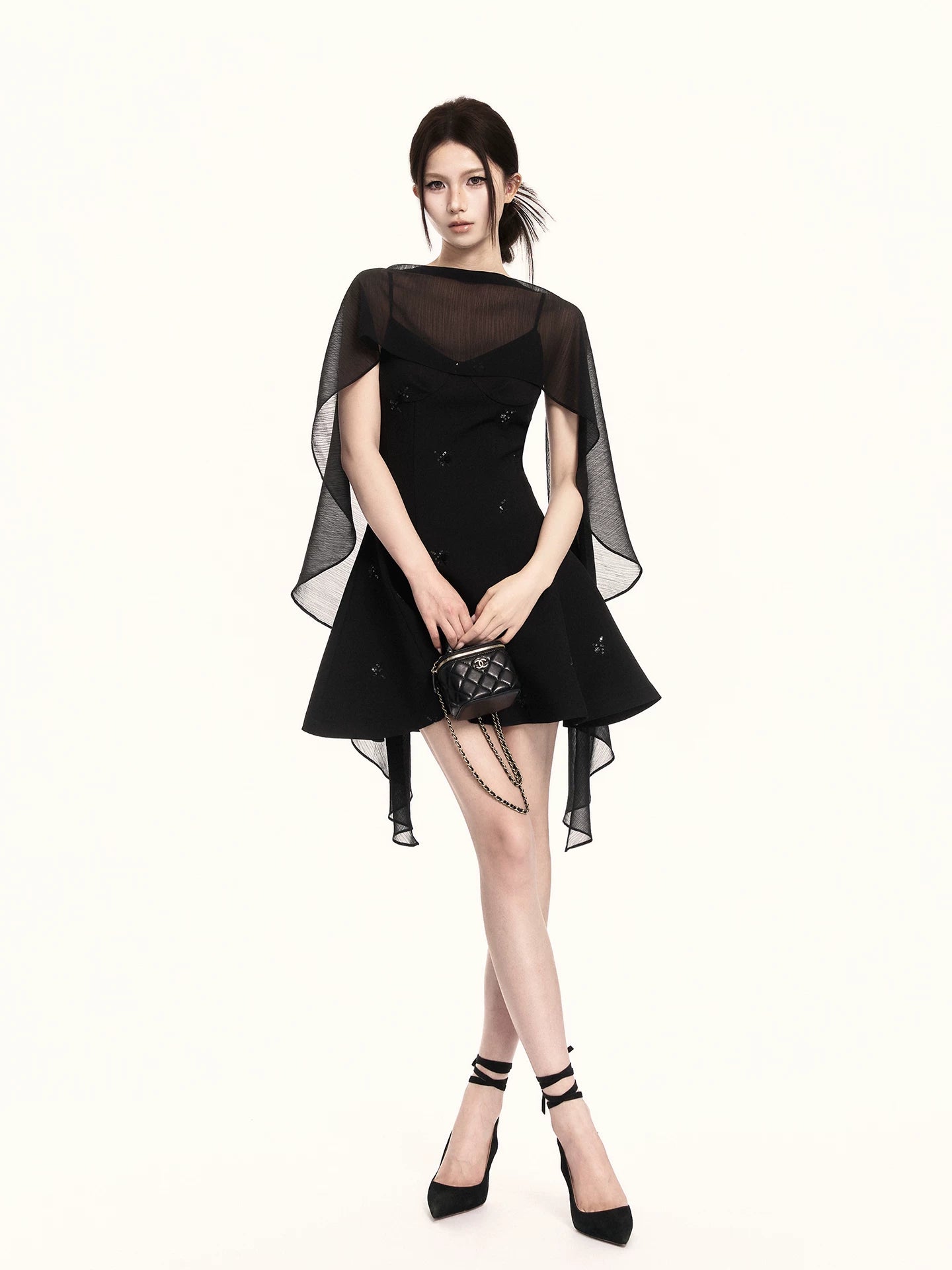 Midnight Embroidered Draped Two-Piece Dress Set
