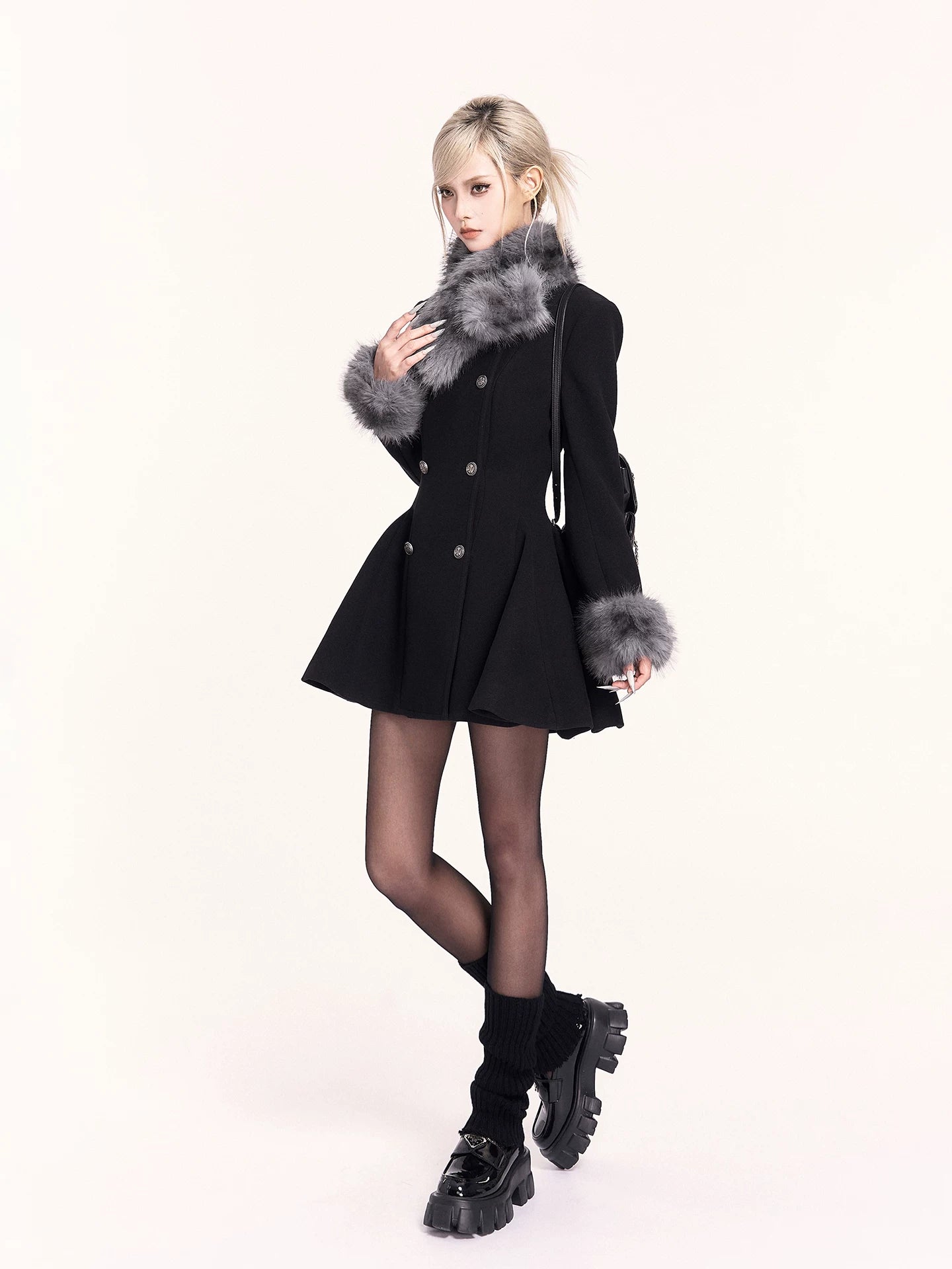 Fur-Collar Waist-Cinching Wool Coat Dress