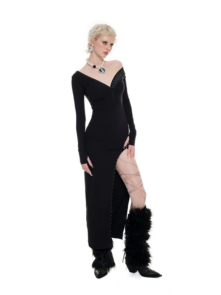 Black Long Sleeve Hook Dress - CHINASQUAD