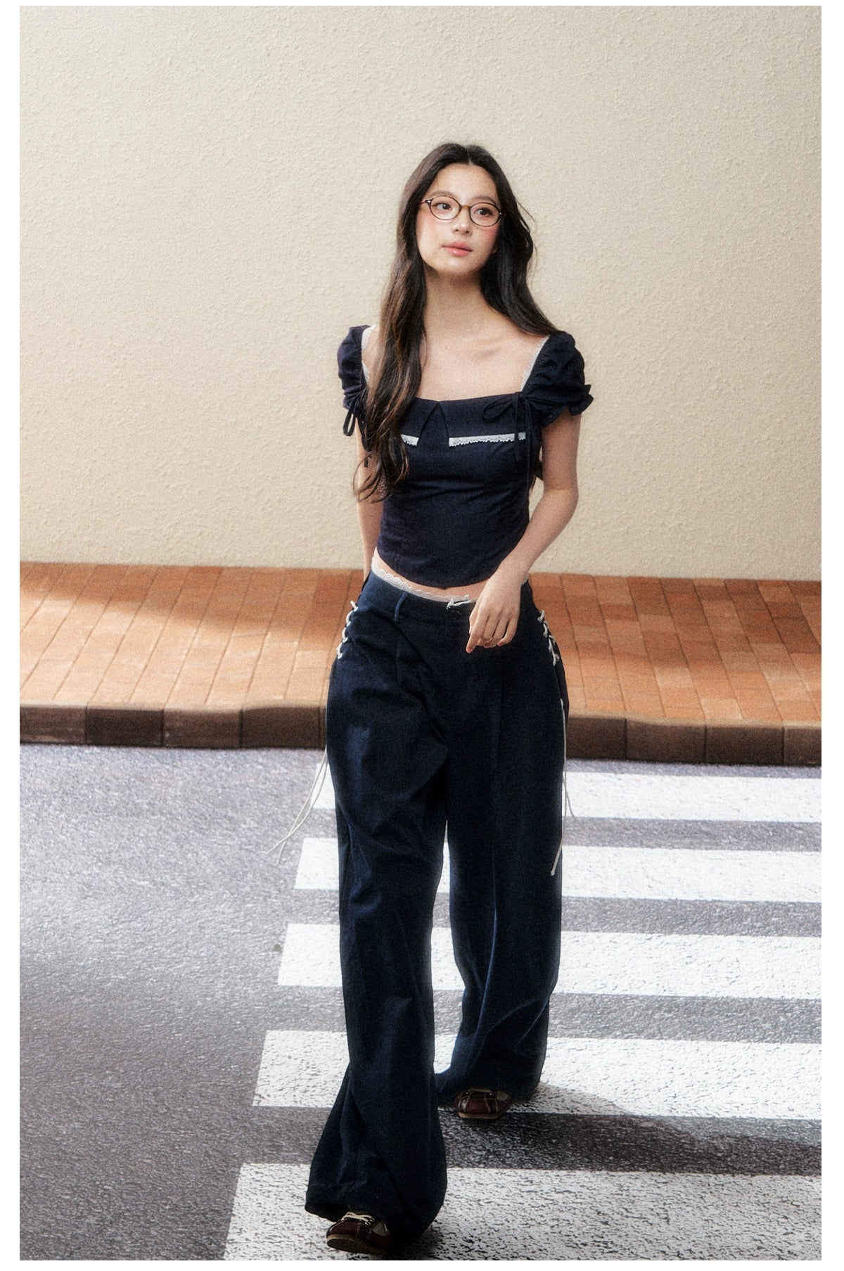 Midnight Square-Neck Puff Sleeve Crop Blouse - CHINASQUAD