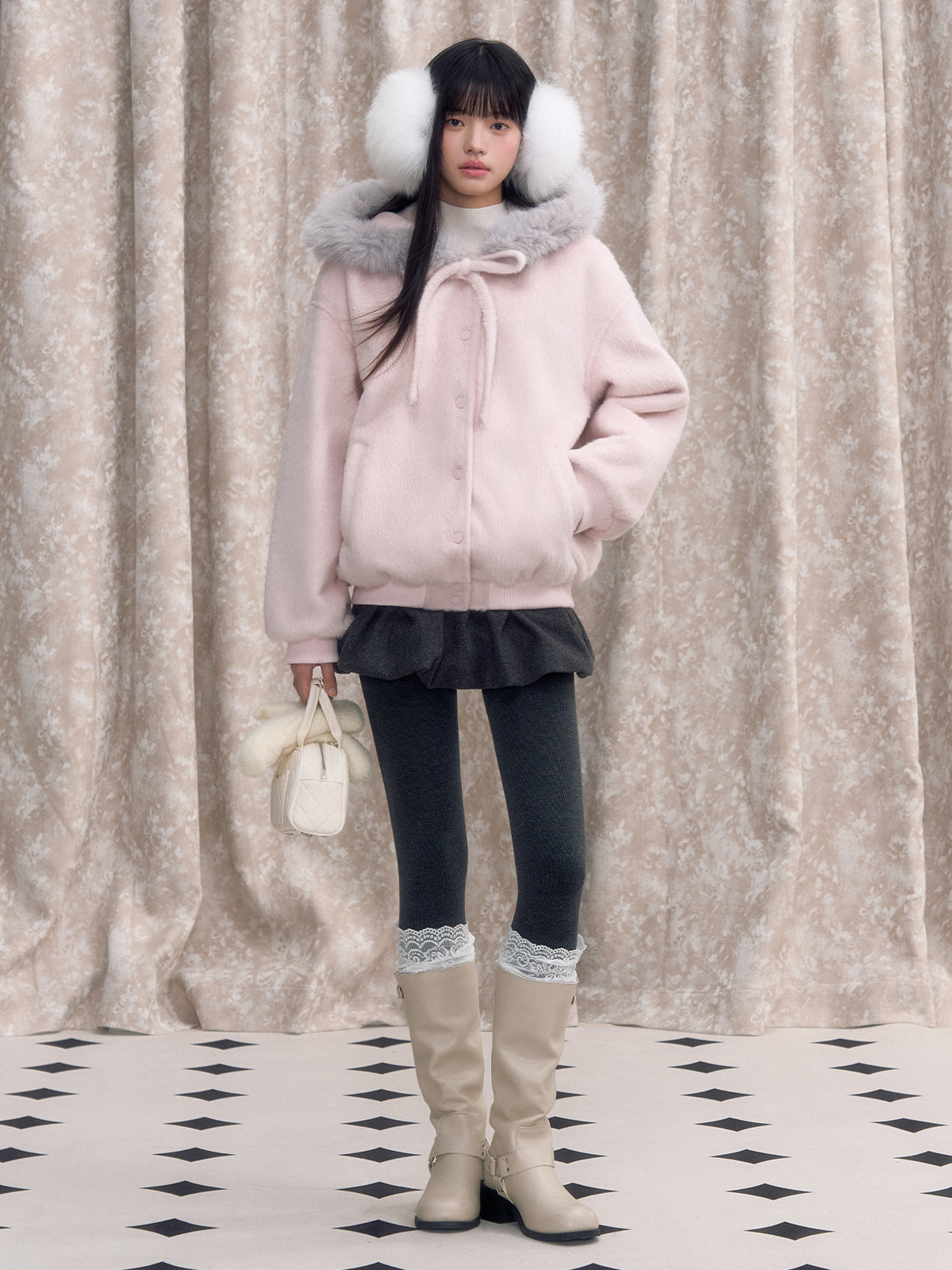 Pink Bow Tie Hooded Fur Baseball Jacket - CHINASQUAD