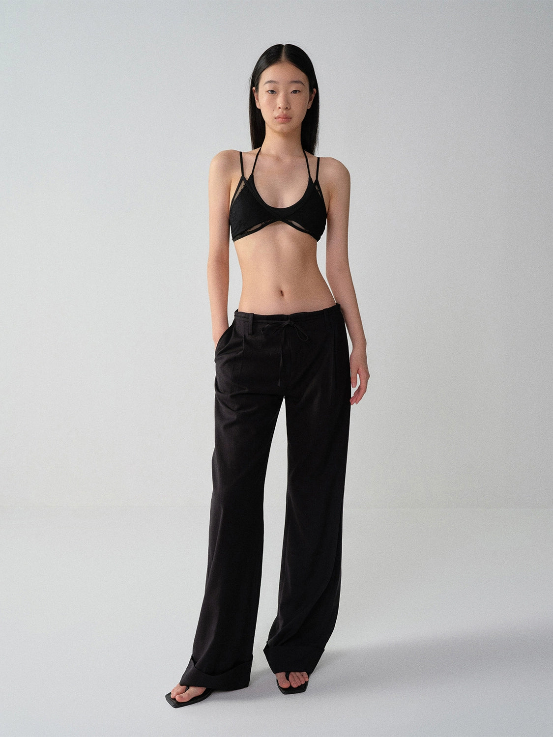 Black-Red Striped Cuffed Suit Wide-Leg Pants