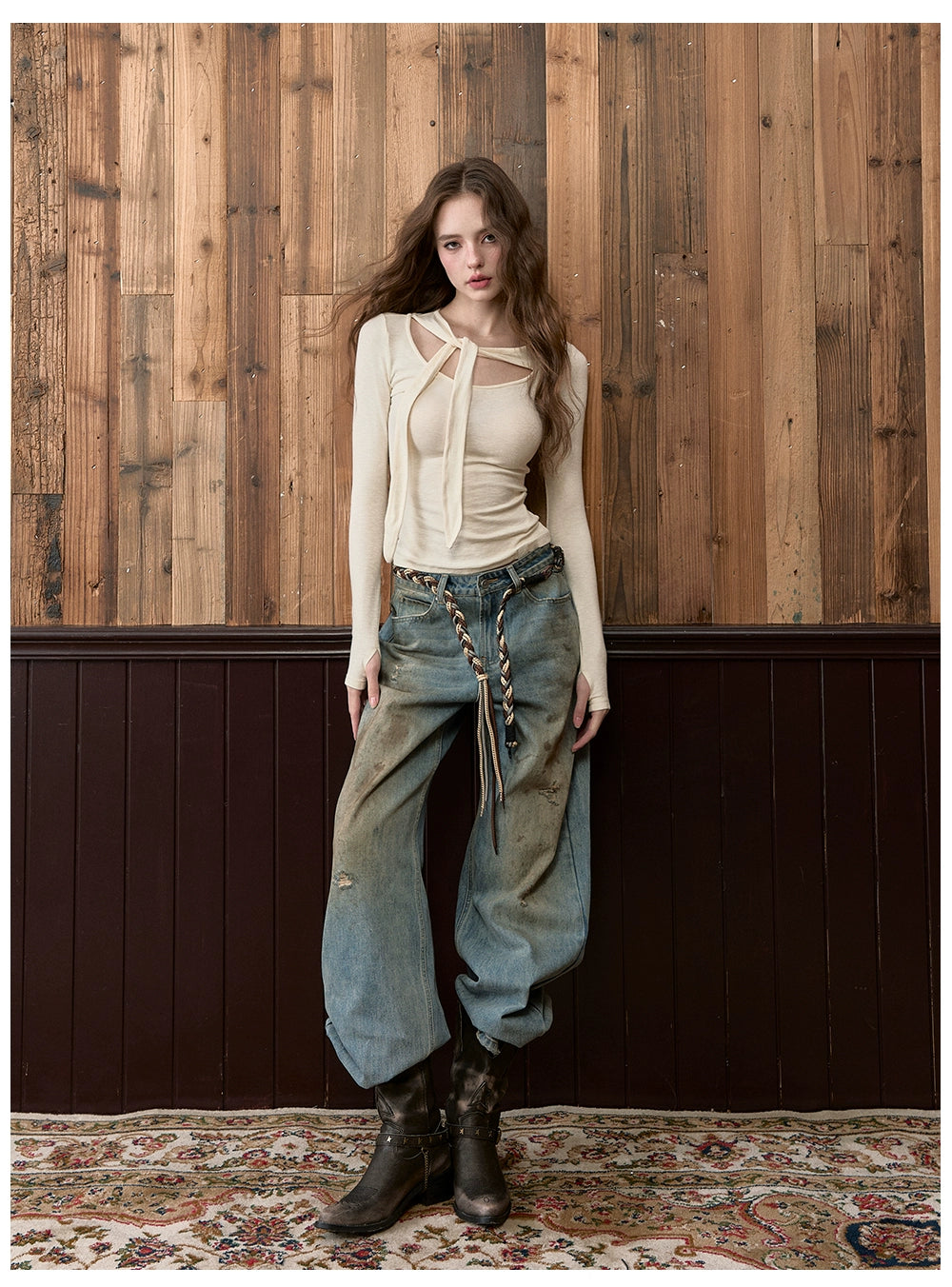 Tie-Detail U-Neck Long Sleeve Knit Blouse - CHINASQUAD