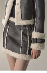 Grey Short Plush Shearling Jacket & Skirt Set - CHINASQUAD