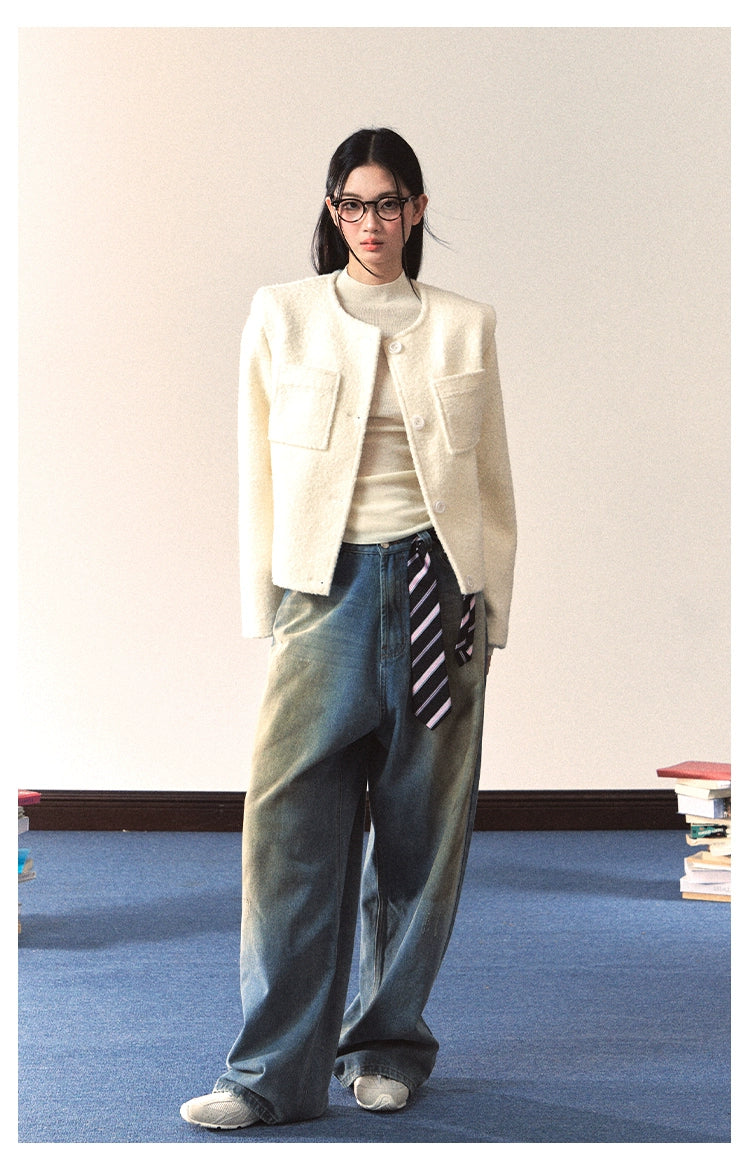 White Crewneck Elegant Chanel-Style Jacket