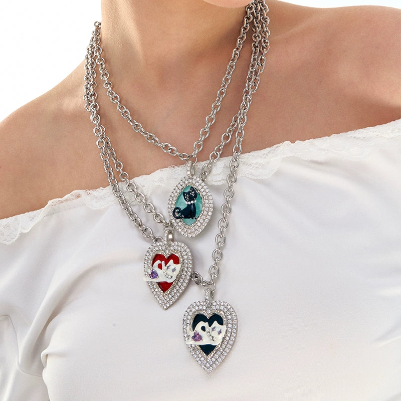 Cat Heart Enamel Pendant Necklace - CHINASQUAD