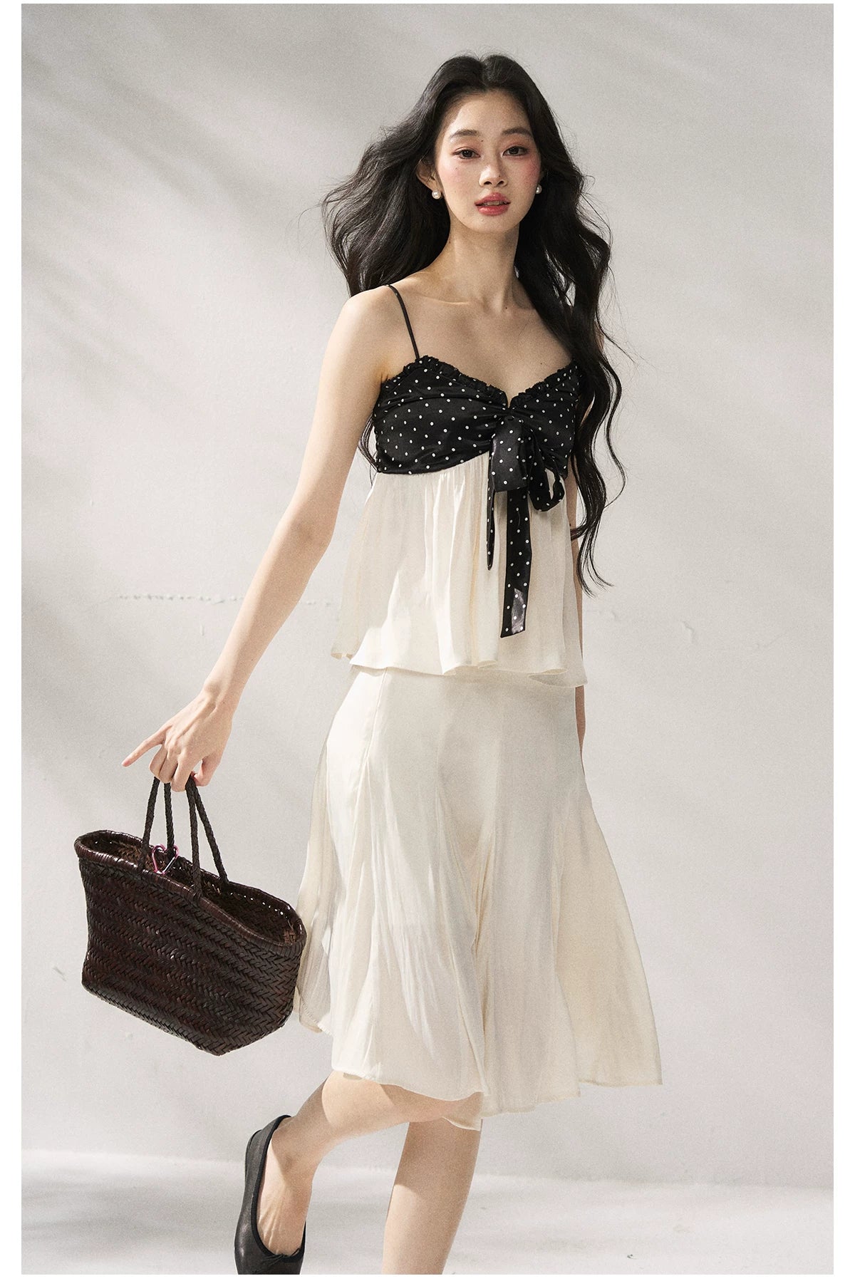 Polka Dot Camisole & Bow Detail Midi Skirt Set