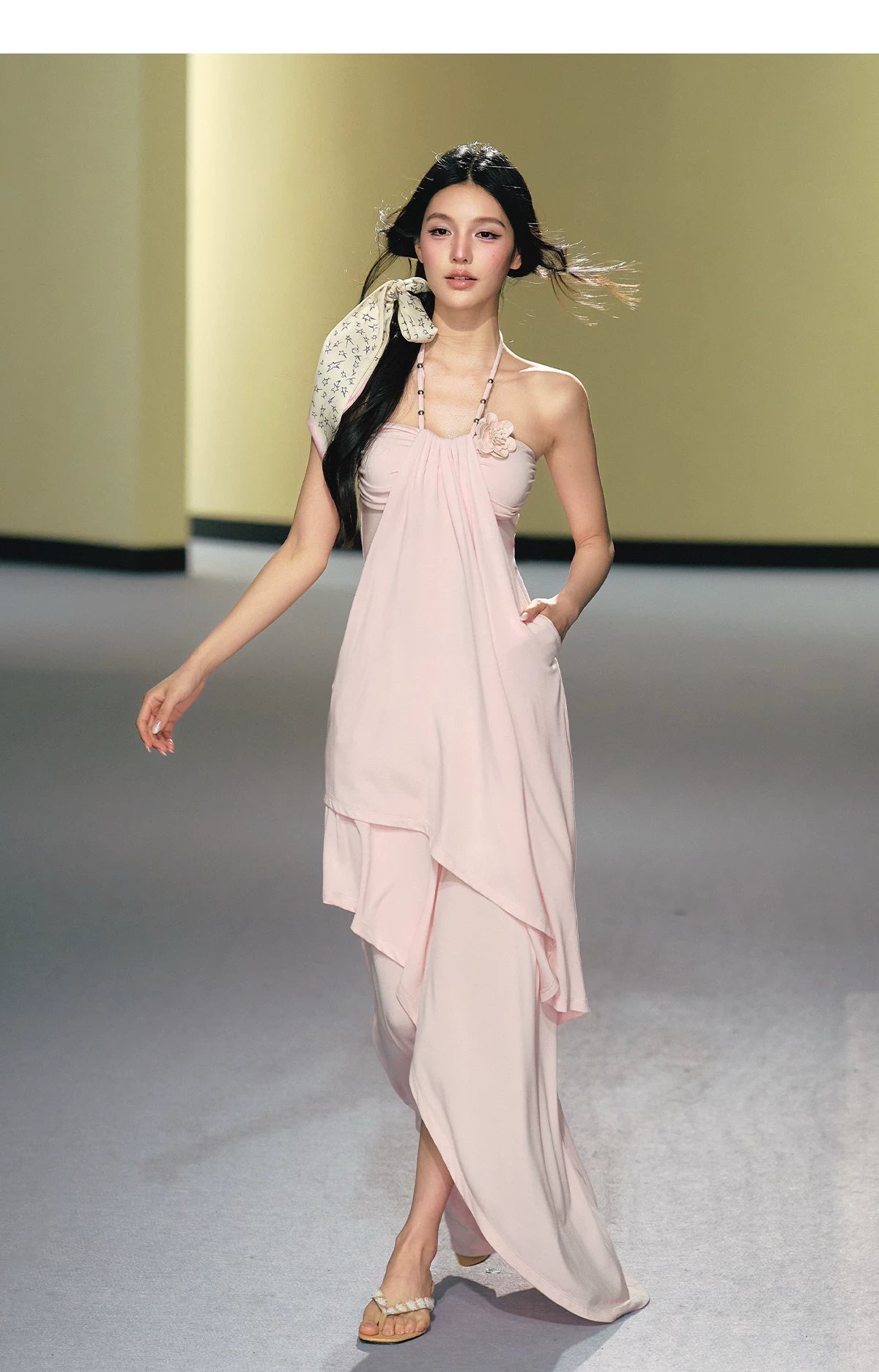 Blush Layered Halter Draped Maxi Dress