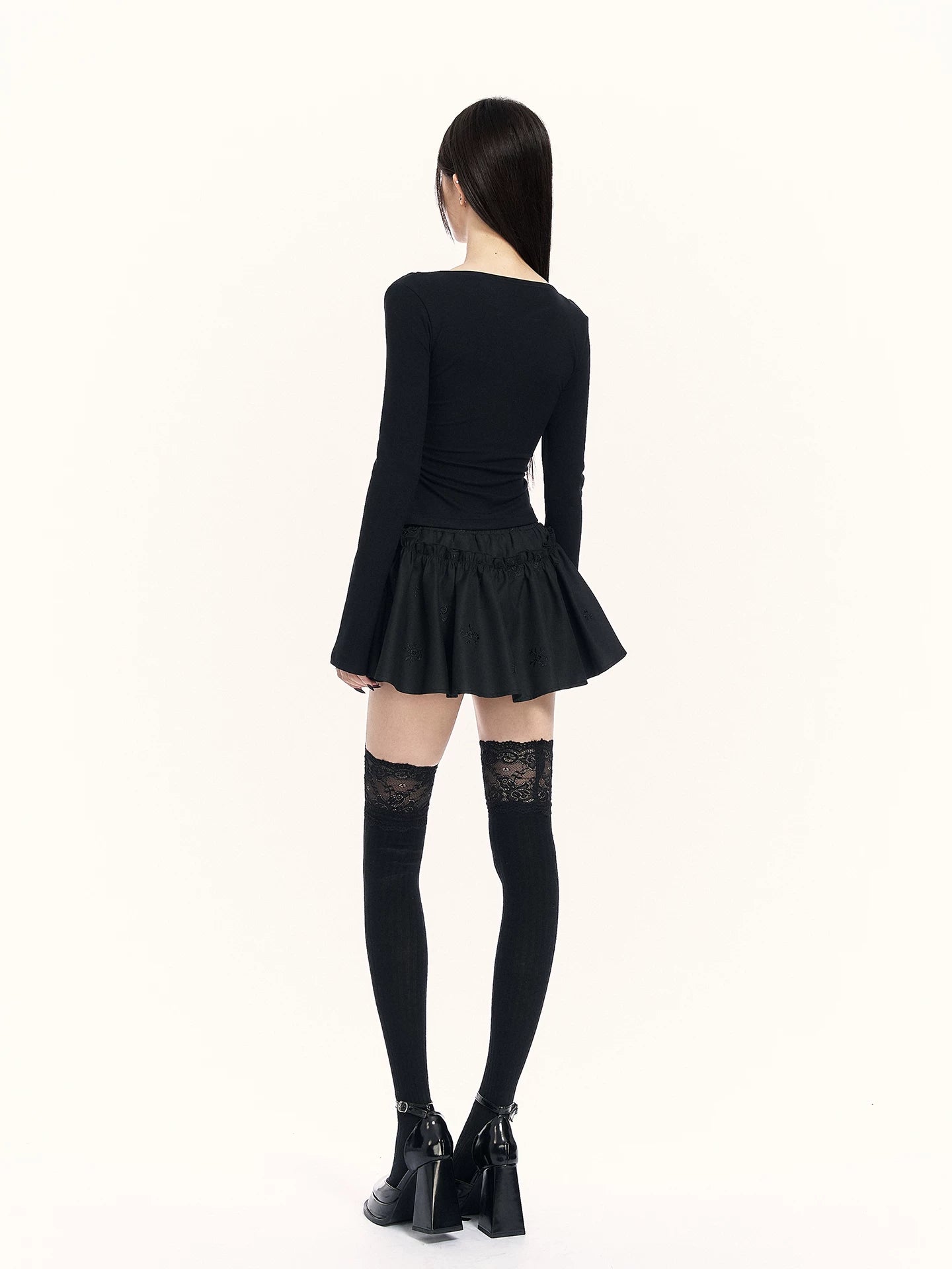 Embroidered Elastic-Waist A-Line Mini Skirt