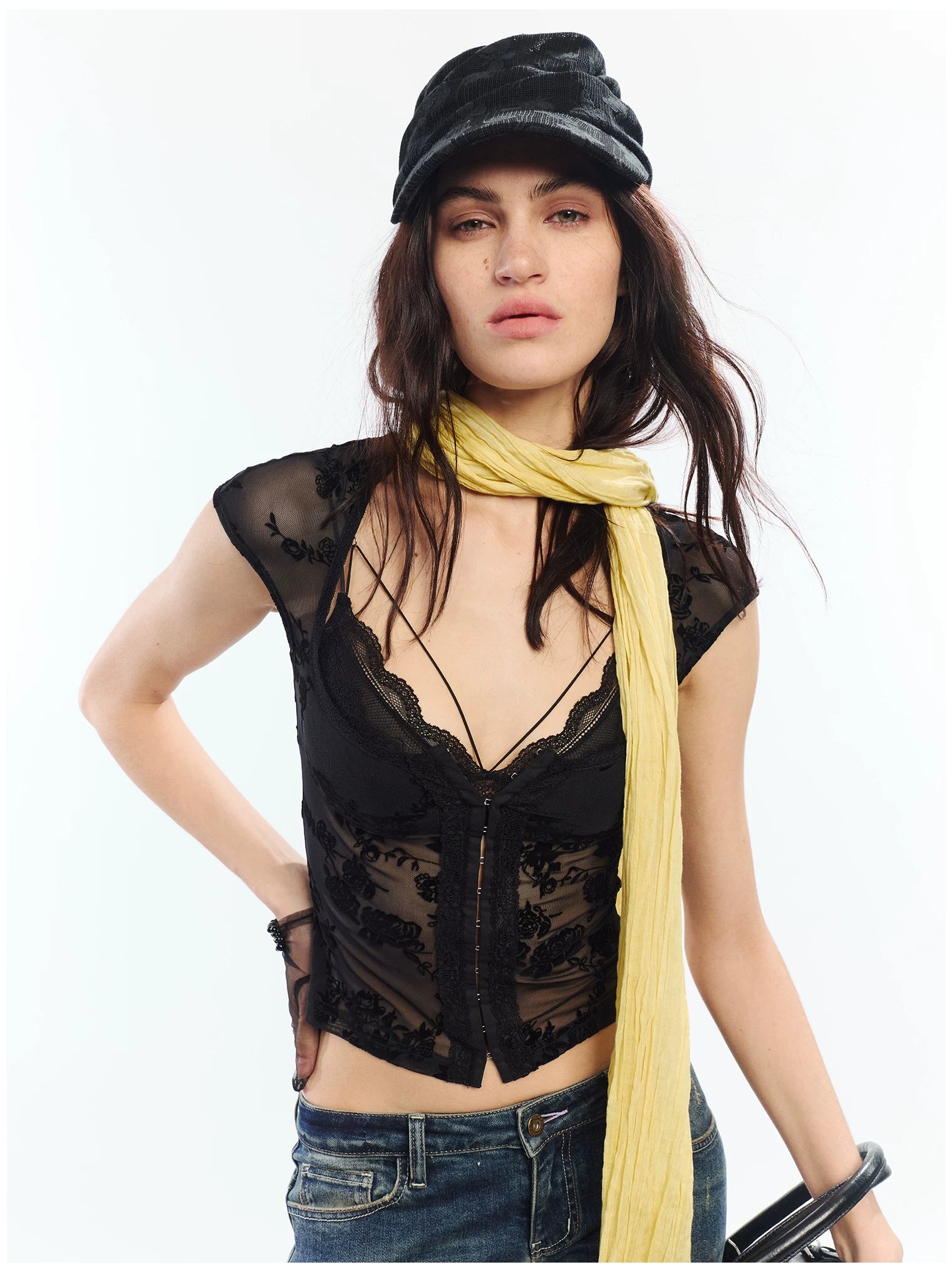 Flocked Floral Lace Flutter Sleeve Fitted Two-Piece Set