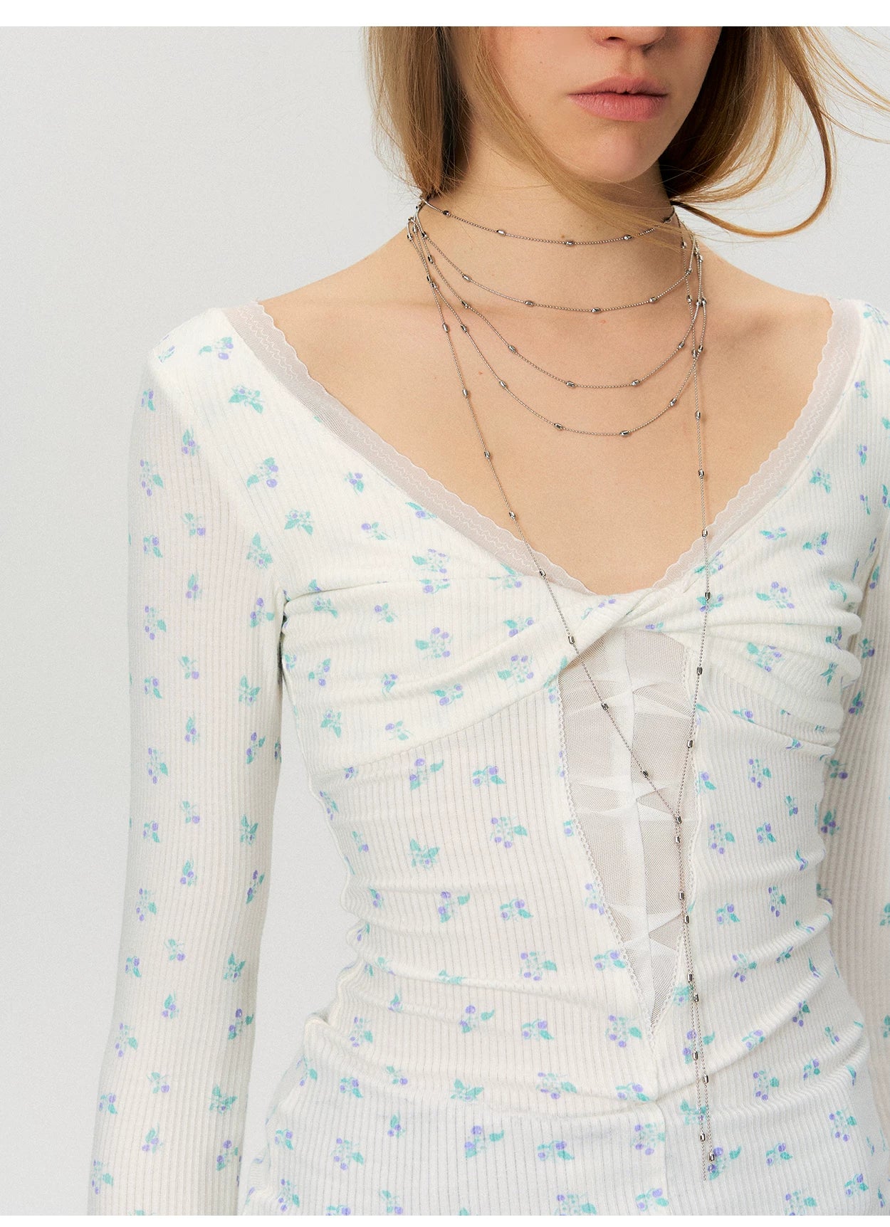 Twist-Front Mesh Panel Slim Fit Long Sleeve Top