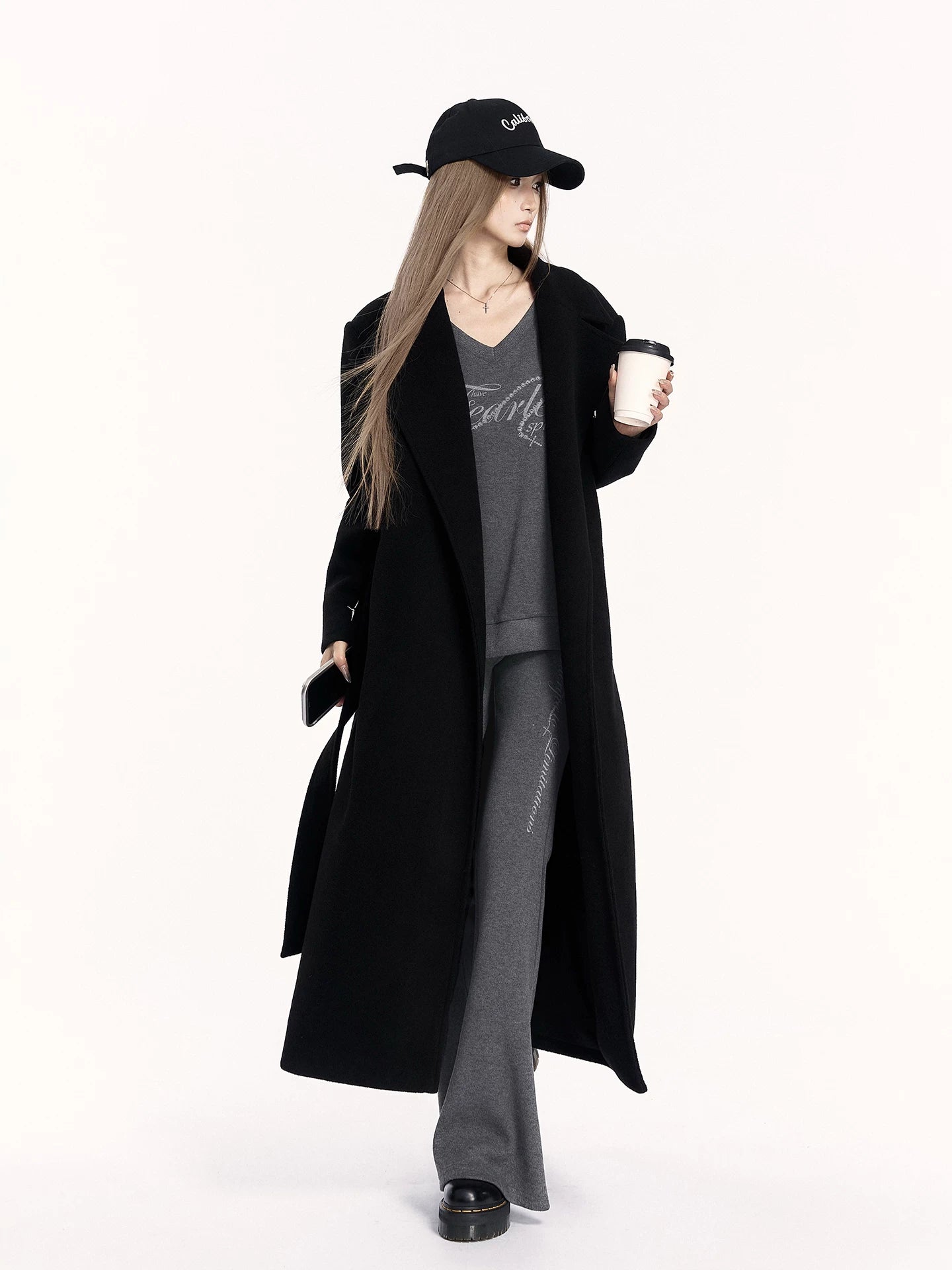 Padded-Shoulder Wool-Blend Long Coat