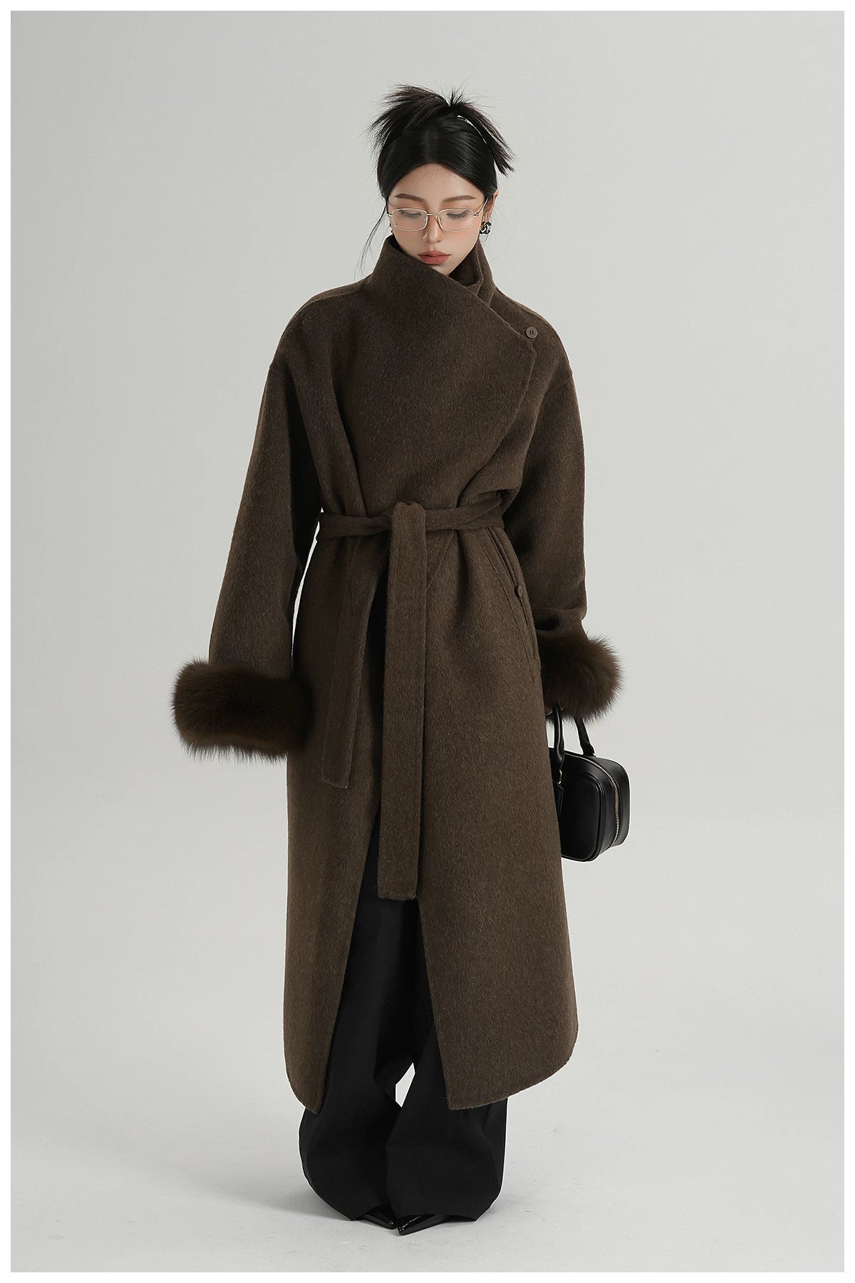 Elegant Fox-Fur Sleeve Long Wool Coat