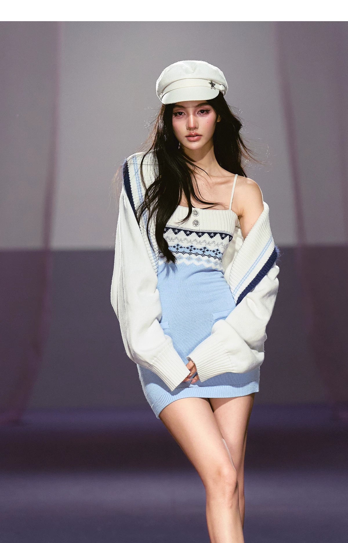 Asymmetrical Strap Top & Fair Isle Knit Cardigan Set