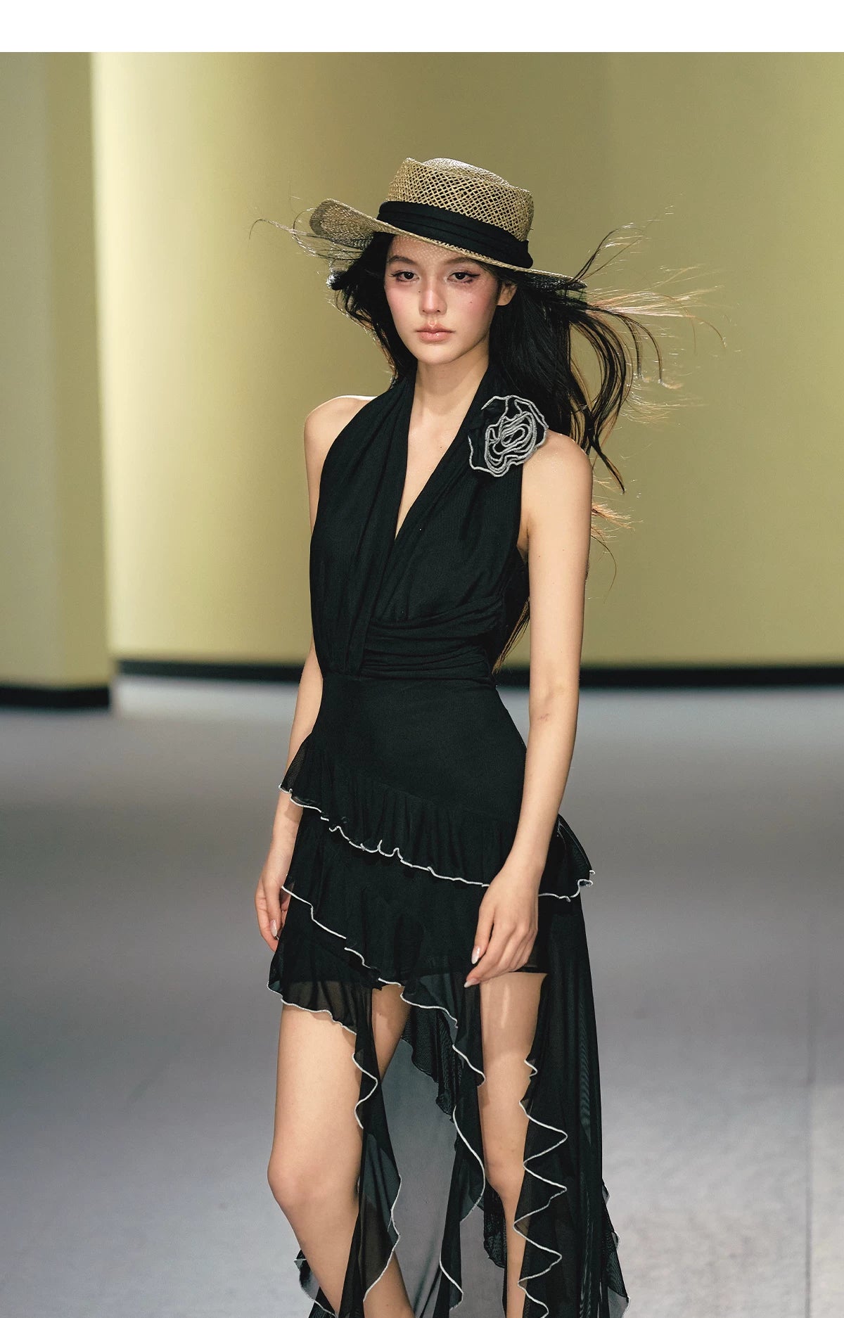 Rose Appliqué Asymmetrical Halterneck Dress