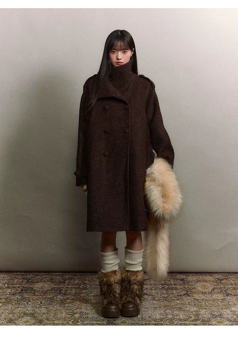 Stand-Collar Bouclé Wool Long Coat