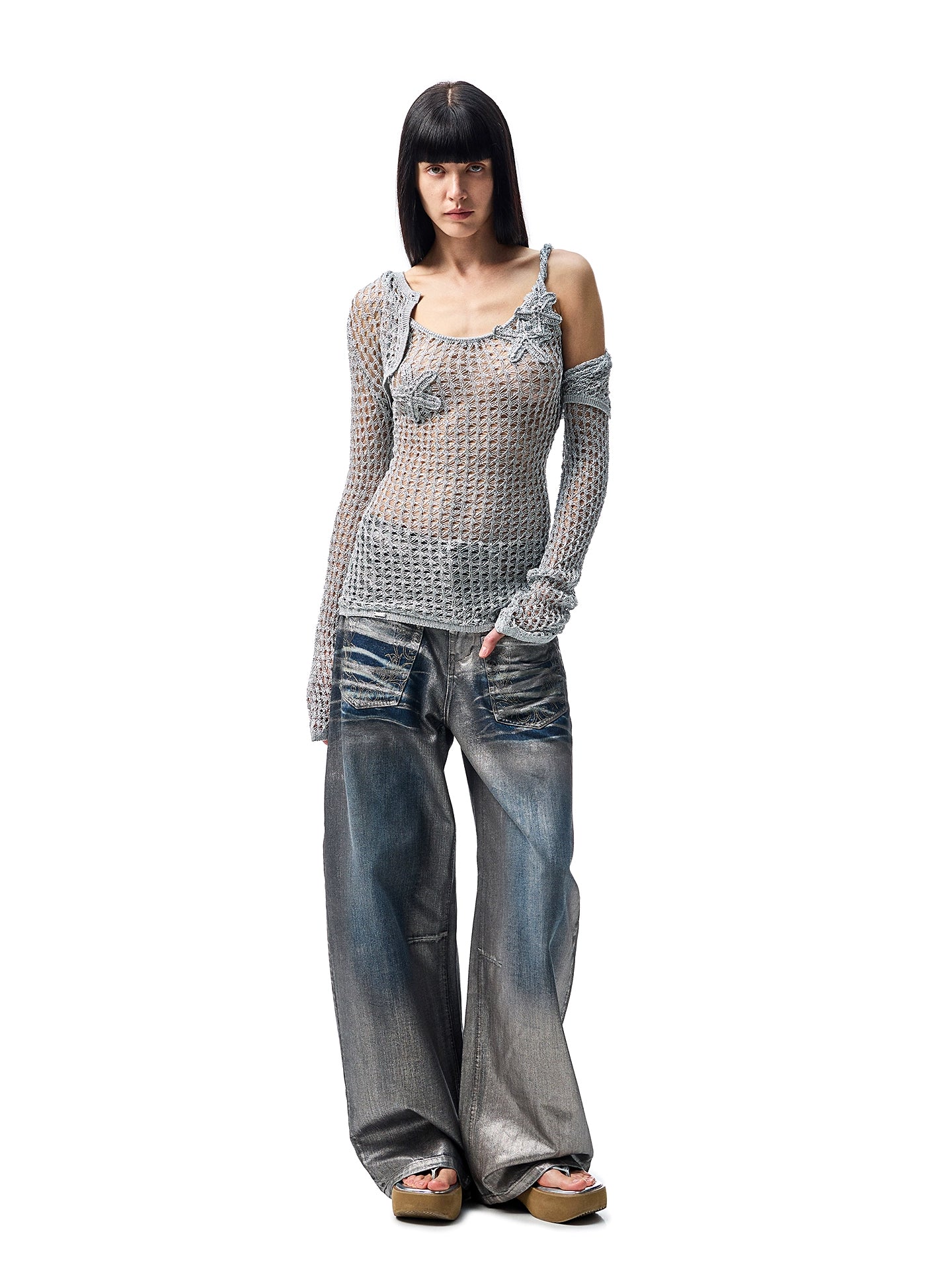 Silver-Foil Embroidered Straight-Leg Denim Curved Pants - CHINASQUAD