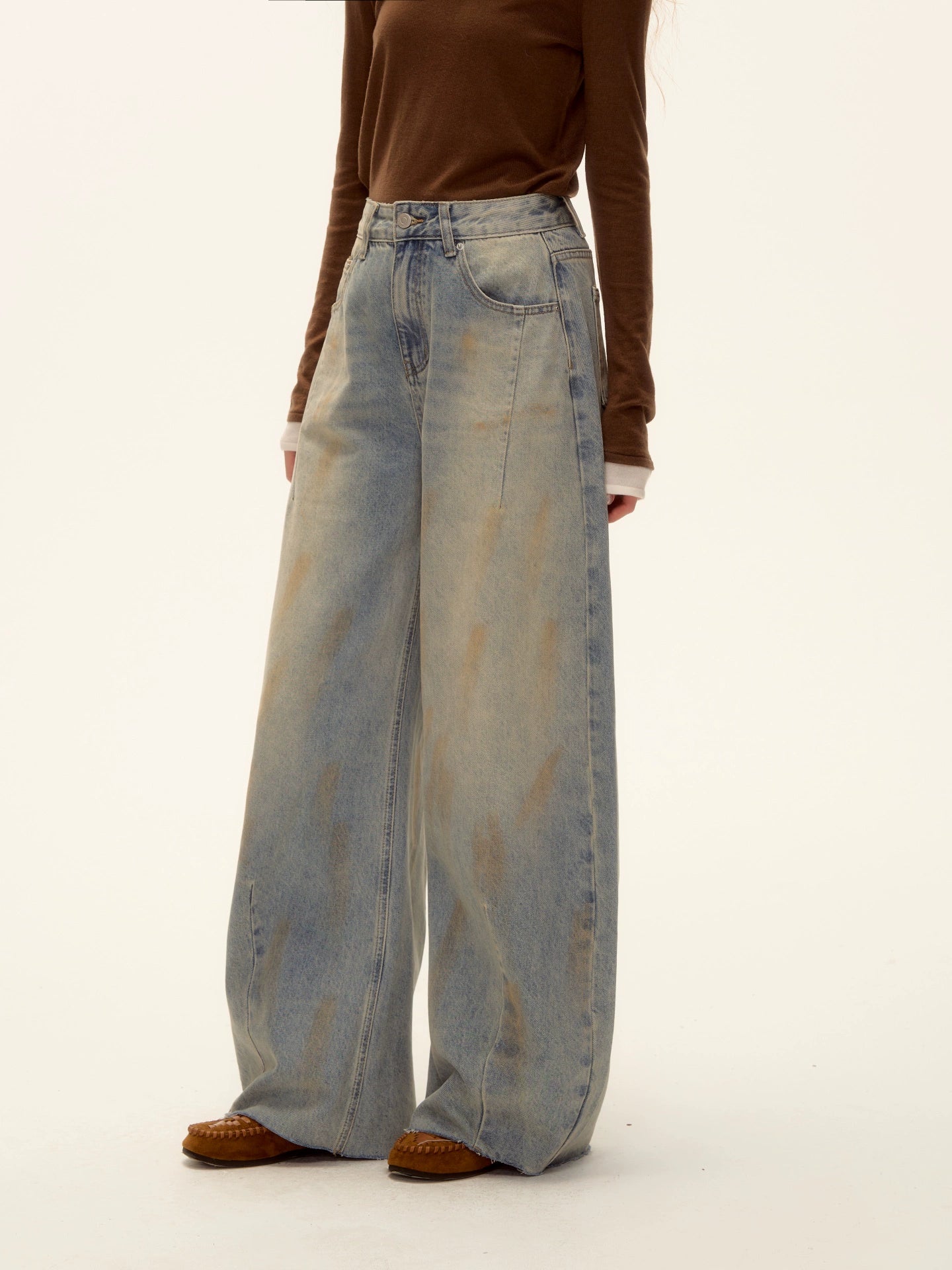 Vintage Washed Distressed Wide-Leg Denim Pants