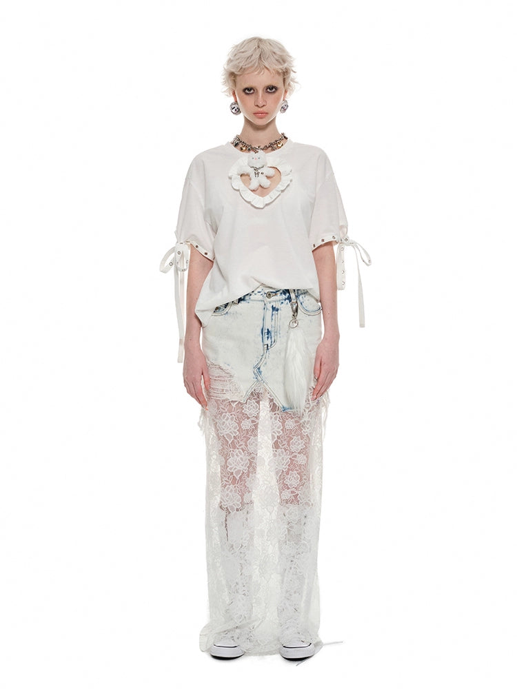 Black & Blue Lace Panel Denim Maxi Skirt - CHINASQUAD