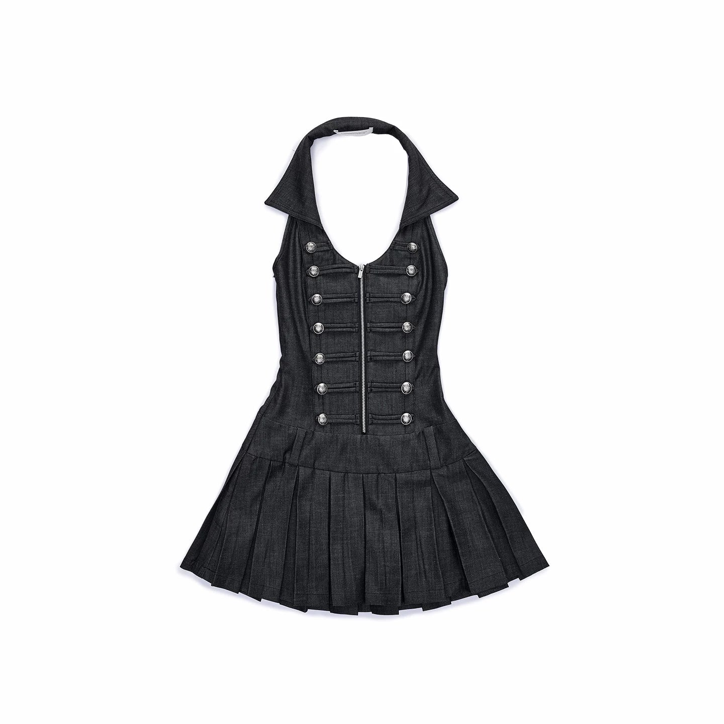 Court-Style Double-Breasted Open-Back Pleated Dress