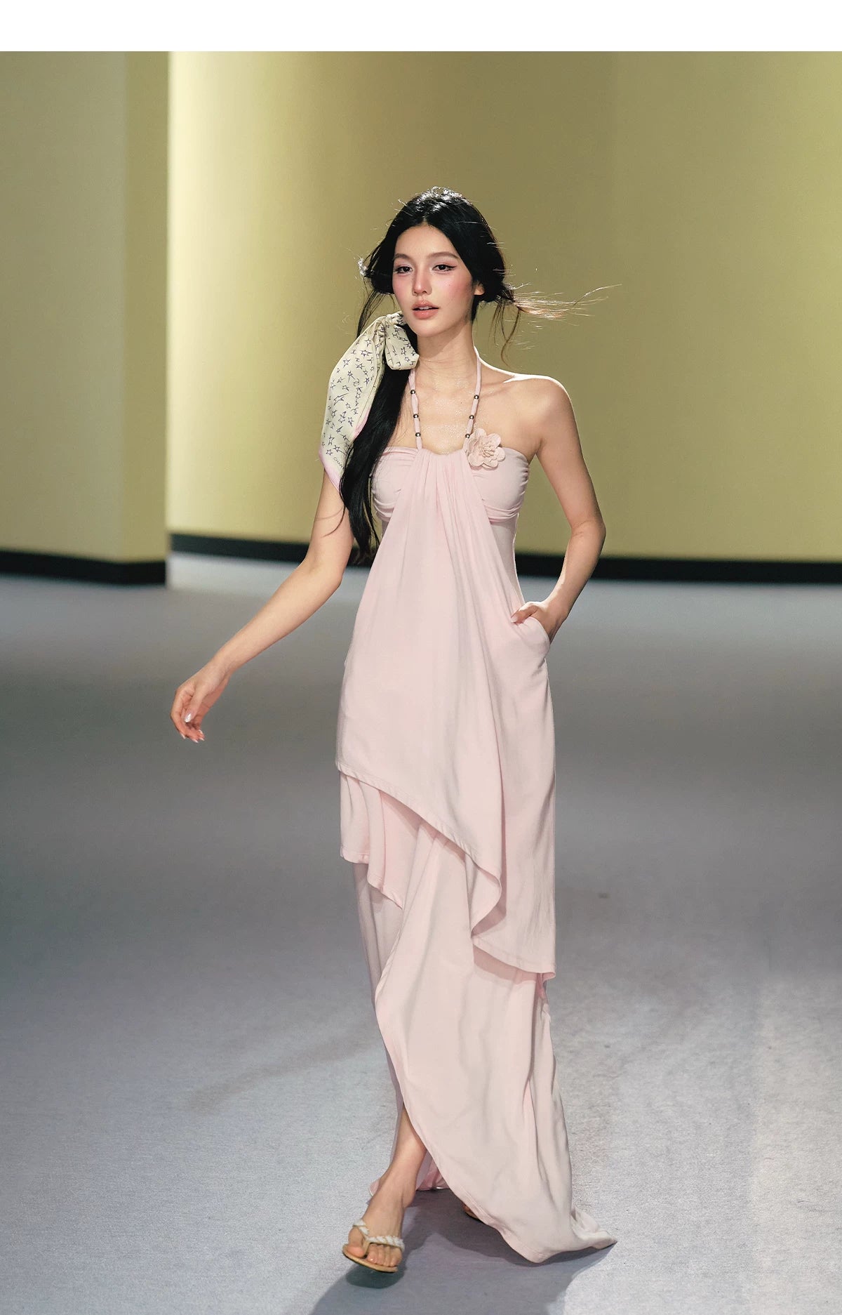 Blush Layered Halter Draped Maxi Dress