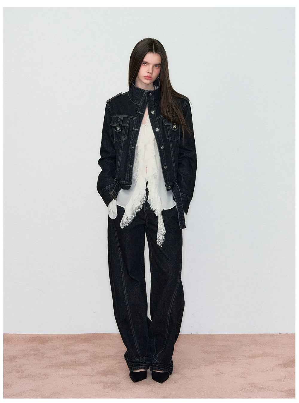 Sheer Lace-Trim Tie Blouse