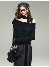 (Final Sale) White & Black Off-Shoulder Lace Knit Crewneck - CHINASQUAD