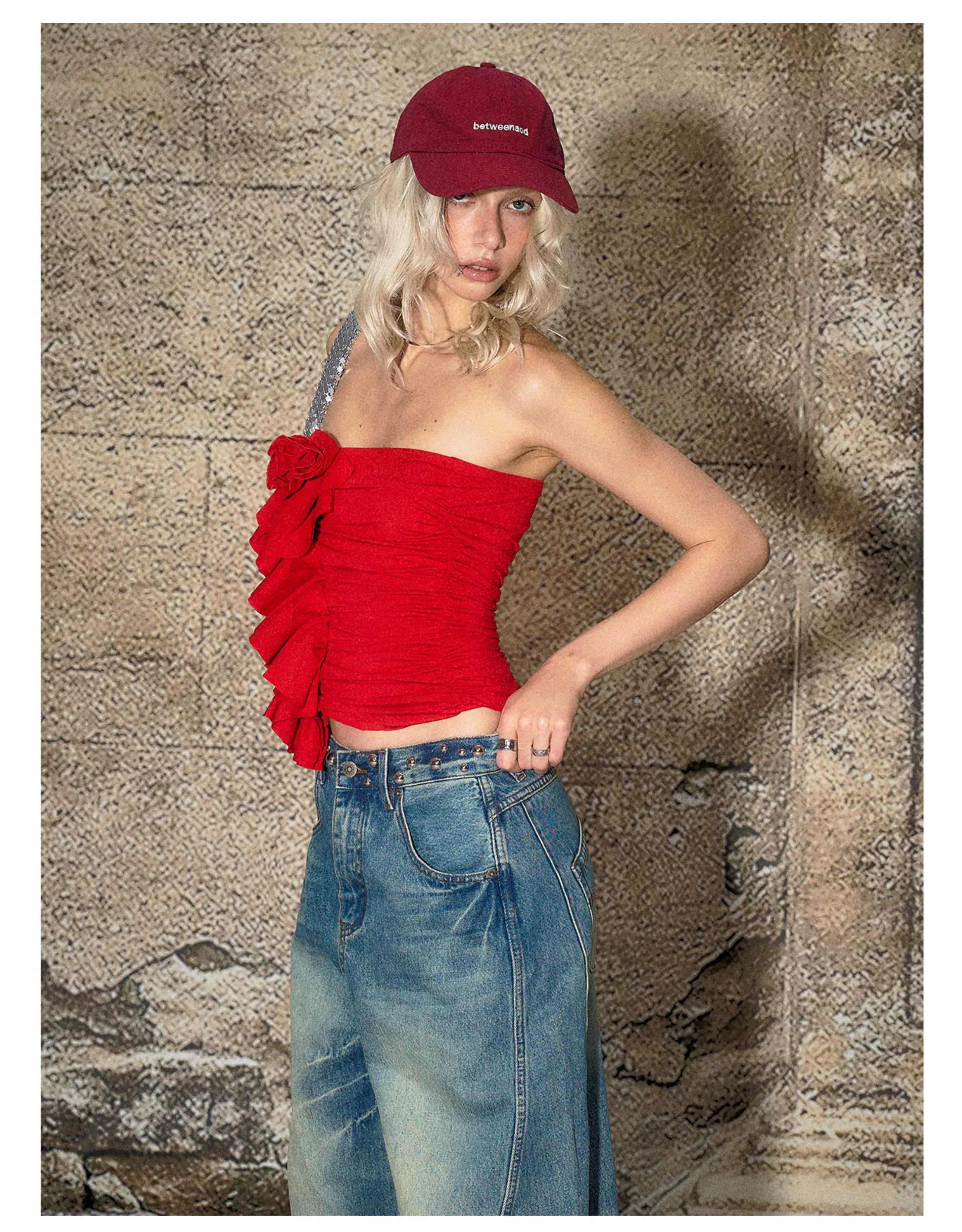 Red Floral Ruched Bandeau Crop T-shirt