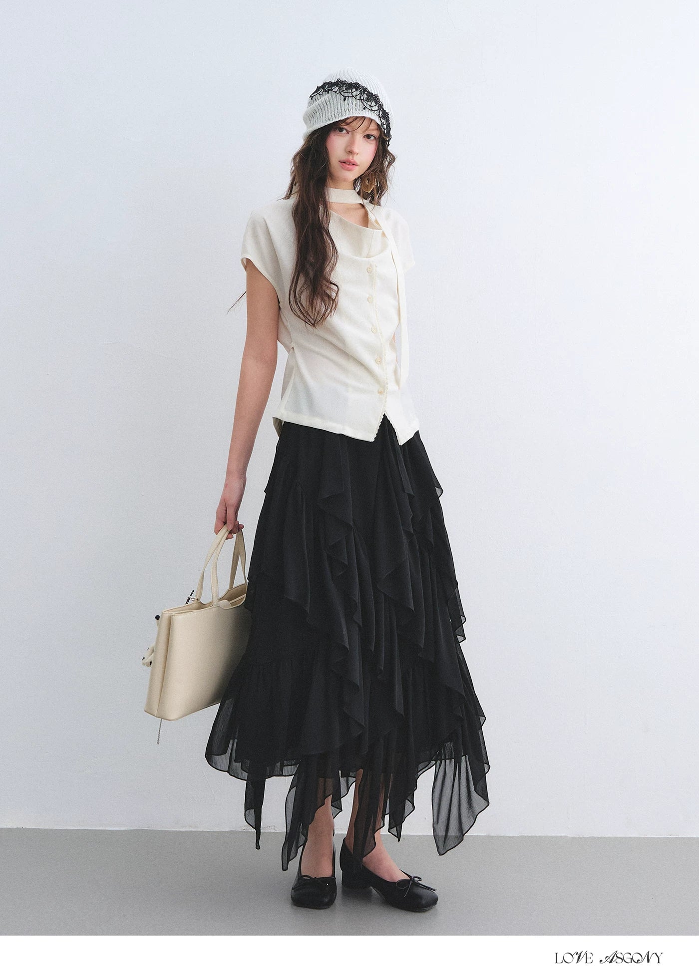 Linen Blend Lace Trim Draped Neck Tie-Waist Blouse